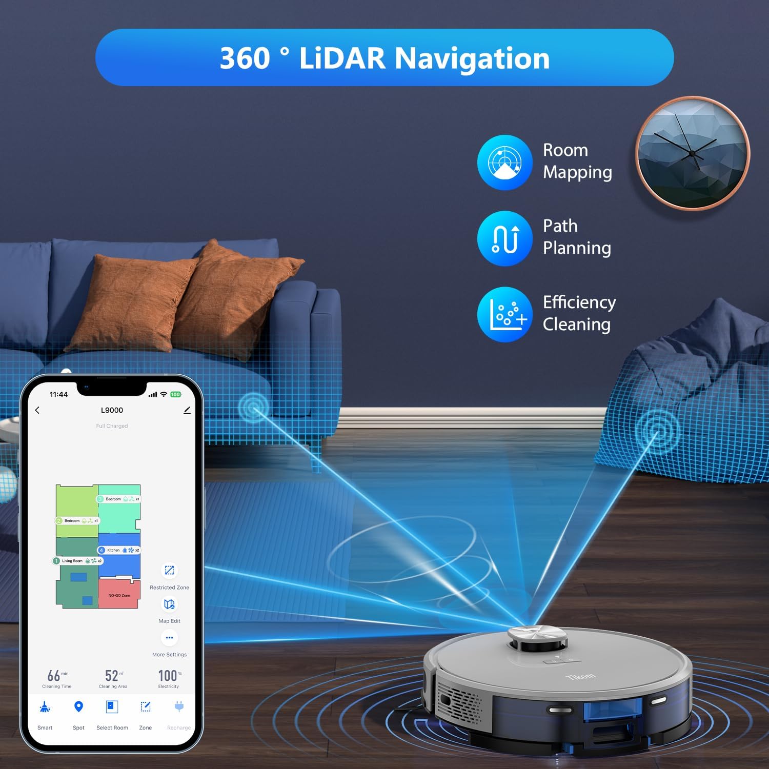 หุ่นยนต์ดูดฝุ่นและถูพื้น Tikom รุ่น L9000 พร้อมระบบนำทาง LiDAR หุ่นยนต์ดูดฝุ่น 4,000Pa ใช้งานได้นานสูงสุด 150 นาที ระบบสร้างแผนที่อัจฉริยะ 14 โซนห้ามเข้า ดีสำหรับขนสัตว์ พรม พื้นแข็ง สีเทา