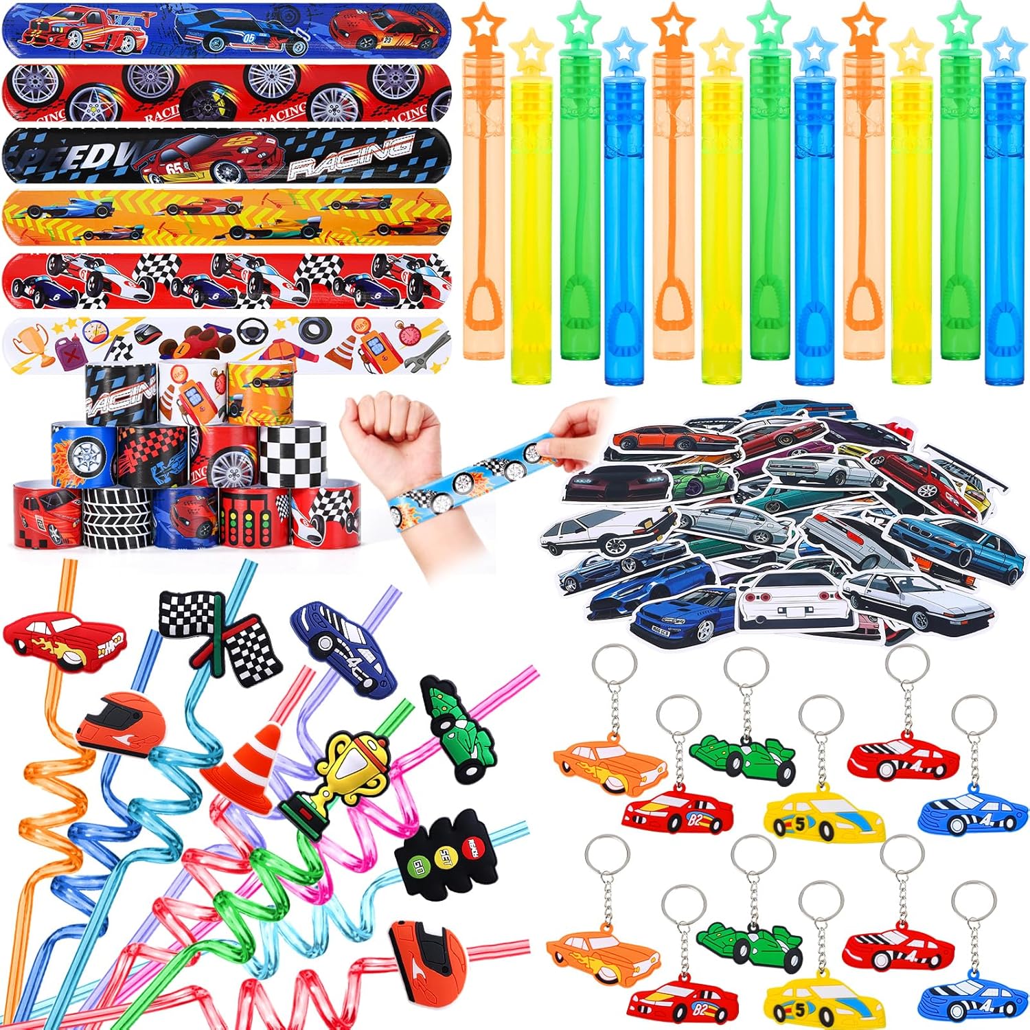 98 Race Car Party Favors Race Car Birthday Party Supplies Straw Bubble Slap Band Sticker Racing Toy Gift Boy Kid Filler Goodie Bag Stuffer Racecar Themed Decorations · v2