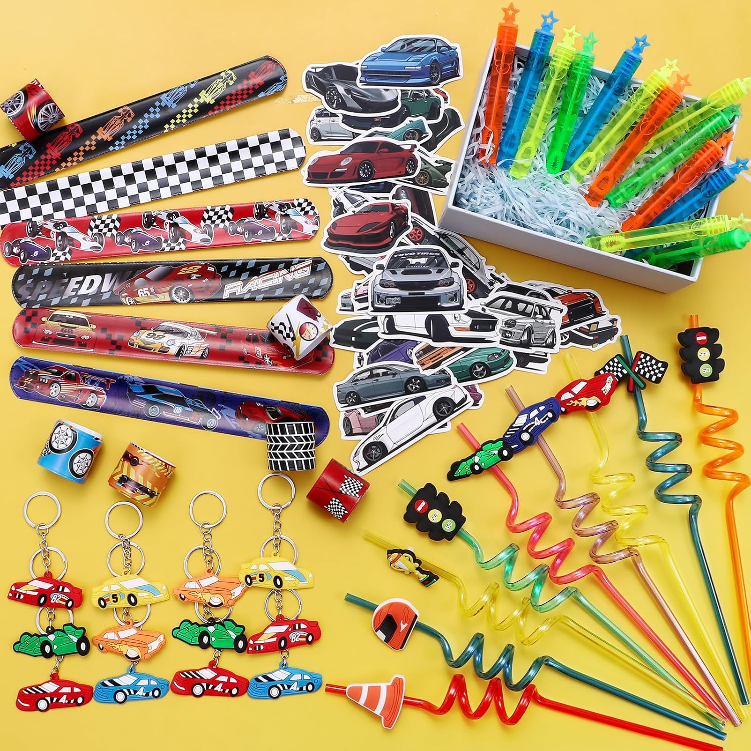 98 Race Car Party Favors Race Car Birthday Party Supplies Straw Bubble Slap Band Sticker Racing Toy Gift Boy Kid Filler Goodie Bag Stuffer Racecar Themed Decorations · v2