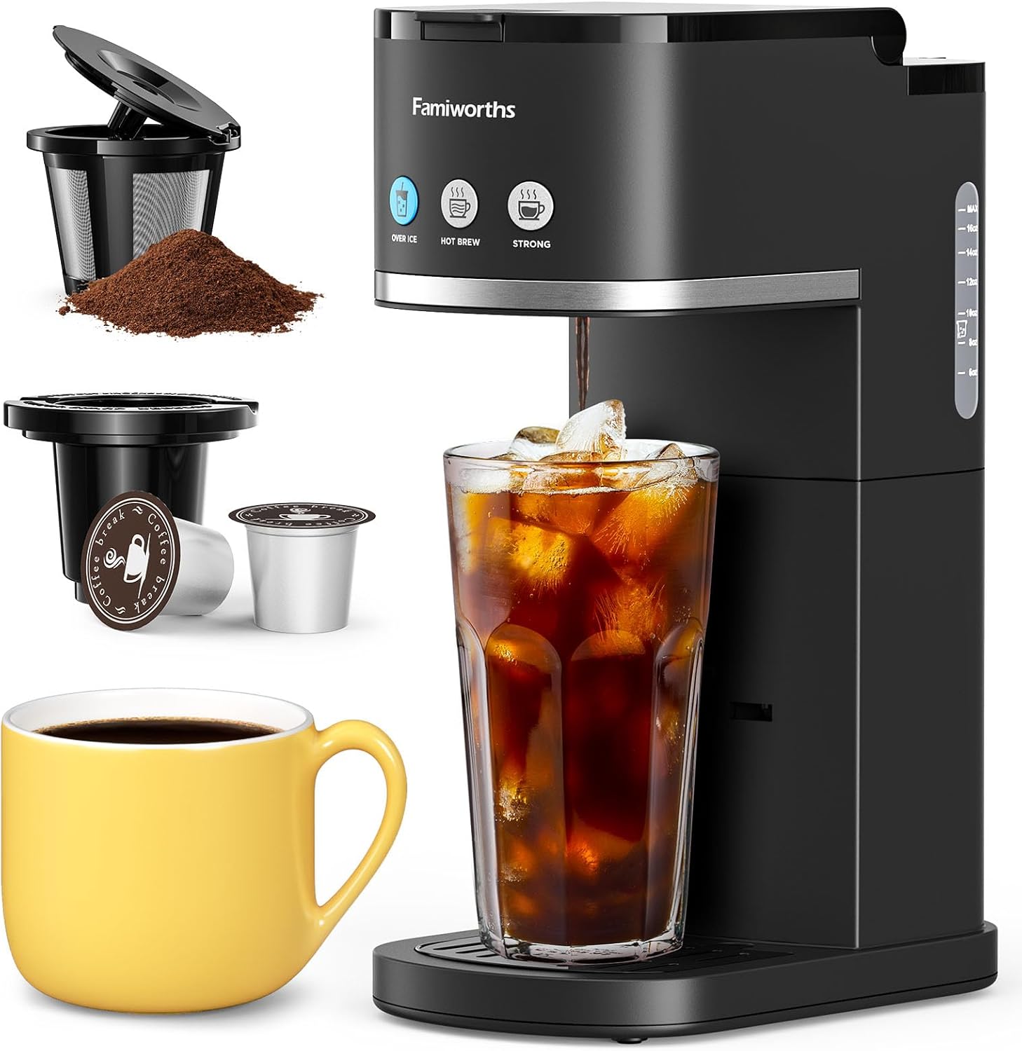 Cafetera Famiworths de una sola porción, cafetera fría y caliente para café molido K Cup, tamaños de cerveza de 6 a 16 onzas, se adapta a tazas de viaje de 8.5 pulgadas, cafetera de cápsulas con recordatorio de descalcificación, negra