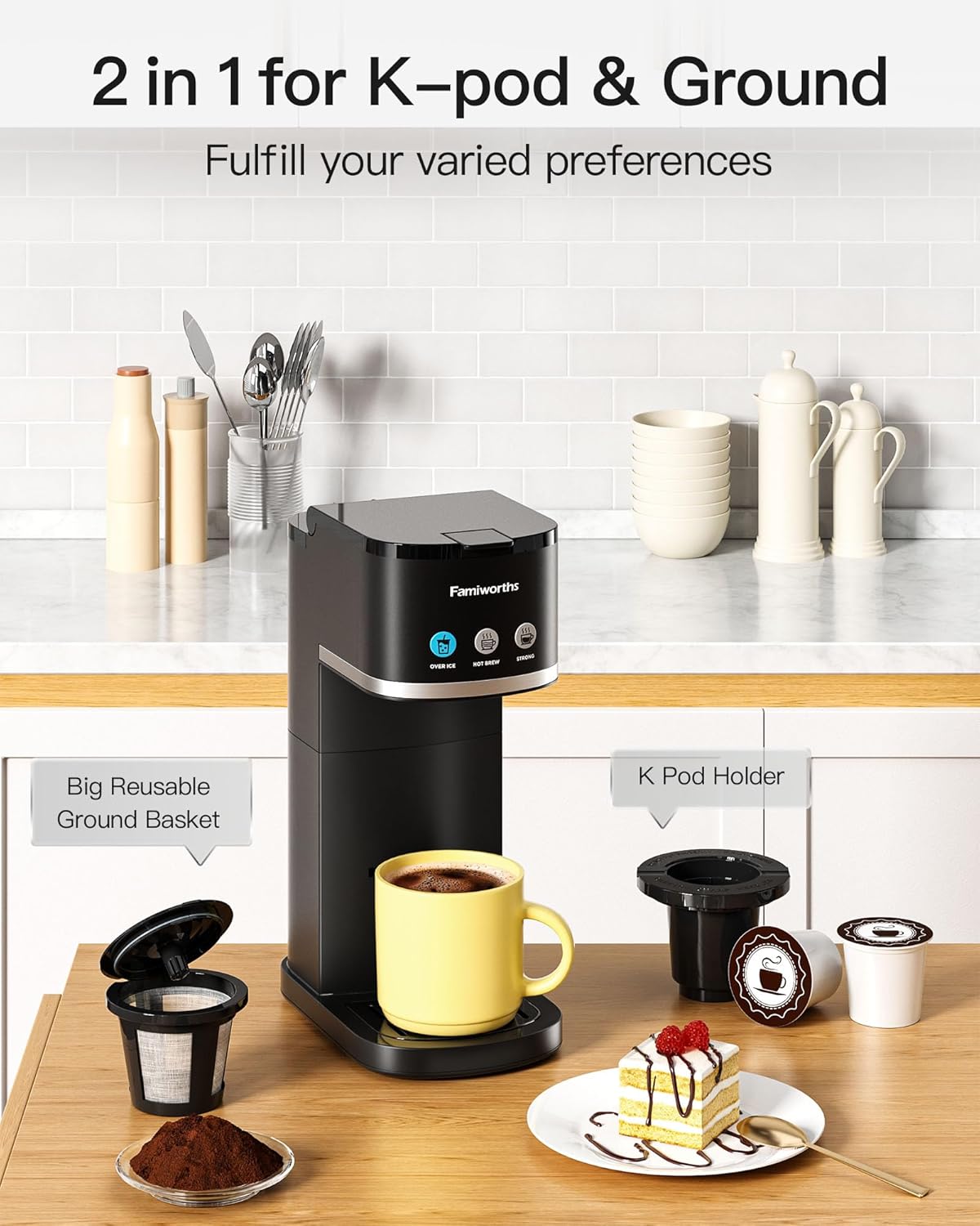 Cafetera Famiworths de una sola porción, cafetera fría y caliente para café molido K Cup, tamaños de cerveza de 6 a 16 onzas, se adapta a tazas de viaje de 8.5 pulgadas, cafetera de cápsulas con recordatorio de descalcificación, negra