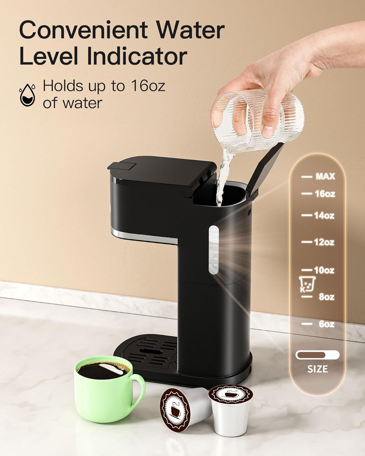 Cafetera Famiworths de una sola porción, cafetera fría y caliente para café molido K Cup, tamaños de cerveza de 6 a 16 onzas, se adapta a tazas de viaje de 8.5 pulgadas, cafetera de cápsulas con recordatorio de descalcificación, negra