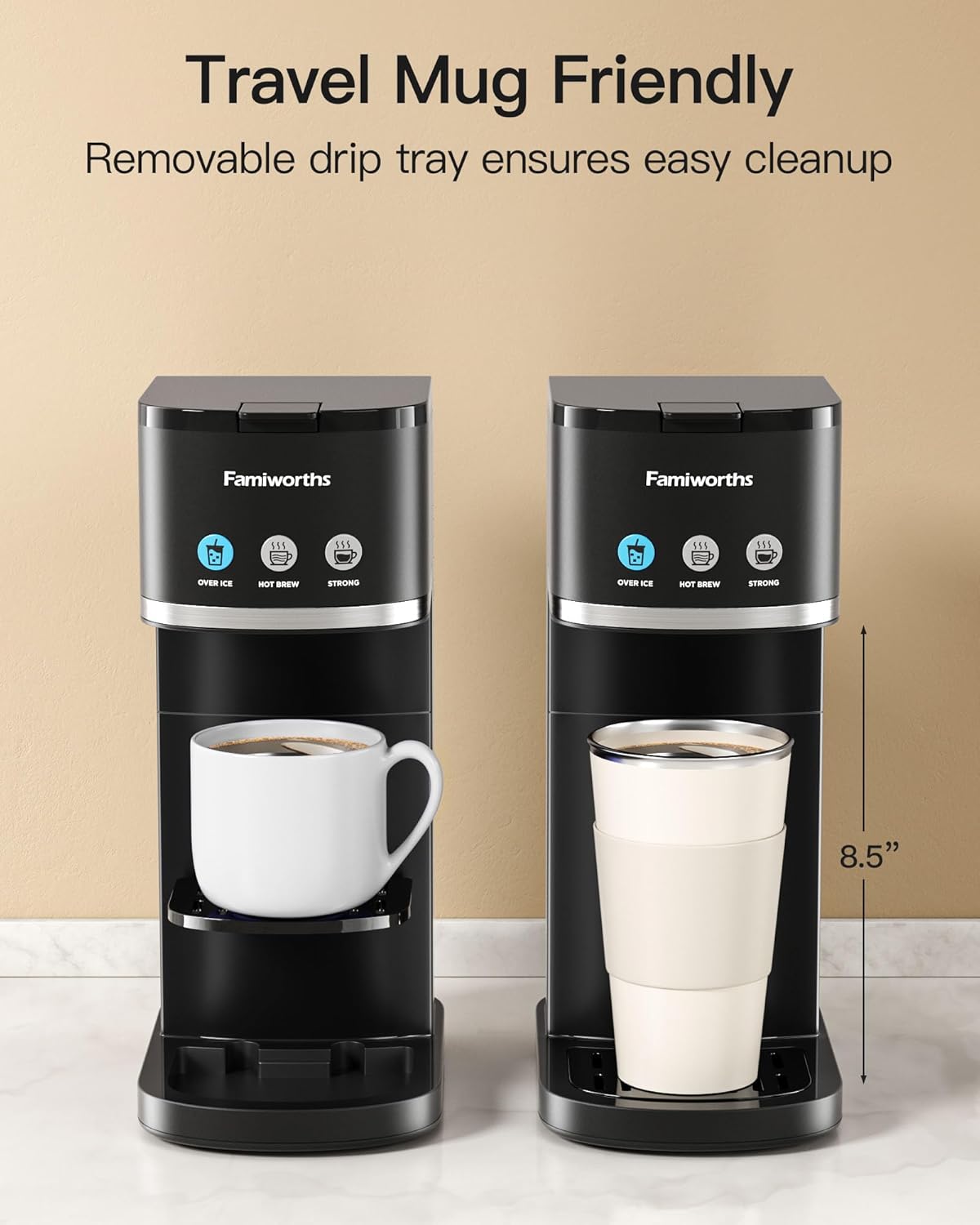 Cafetera Famiworths de una sola porción, cafetera fría y caliente para café molido K Cup, tamaños de cerveza de 6 a 16 onzas, se adapta a tazas de viaje de 8.5 pulgadas, cafetera de cápsulas con recordatorio de descalcificación, negra