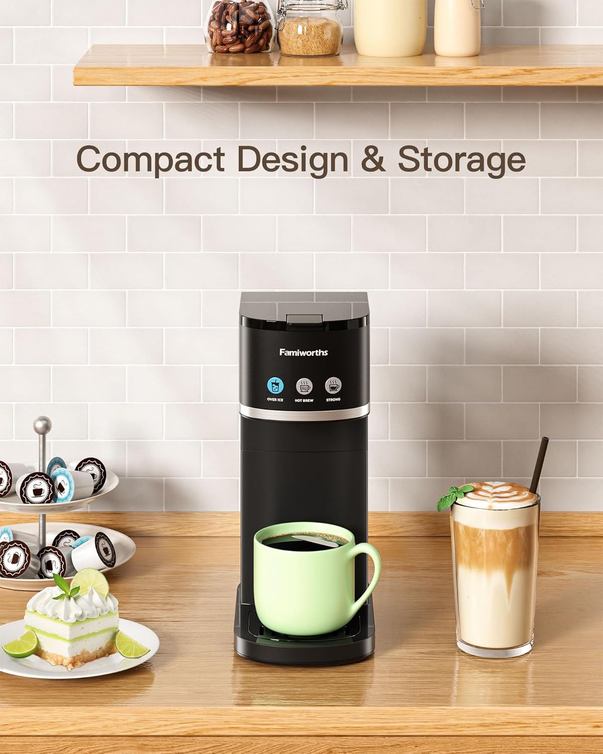 Cafetera Famiworths de una sola porción, cafetera fría y caliente para café molido K Cup, tamaños de cerveza de 6 a 16 onzas, se adapta a tazas de viaje de 8.5 pulgadas, cafetera de cápsulas con recordatorio de descalcificación, negra