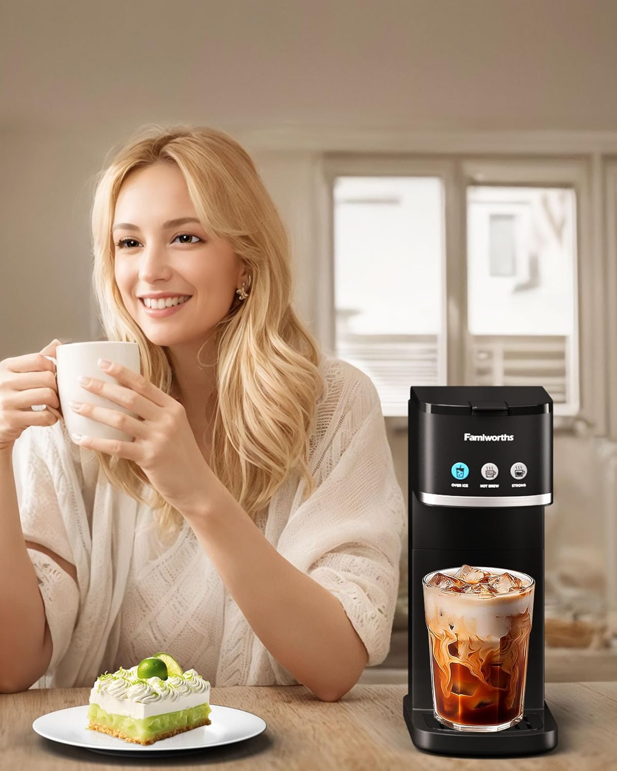 Cafetera Famiworths de una sola porción, cafetera fría y caliente para café molido K Cup, tamaños de cerveza de 6 a 16 onzas, se adapta a tazas de viaje de 8.5 pulgadas, cafetera de cápsulas con recordatorio de descalcificación, negra