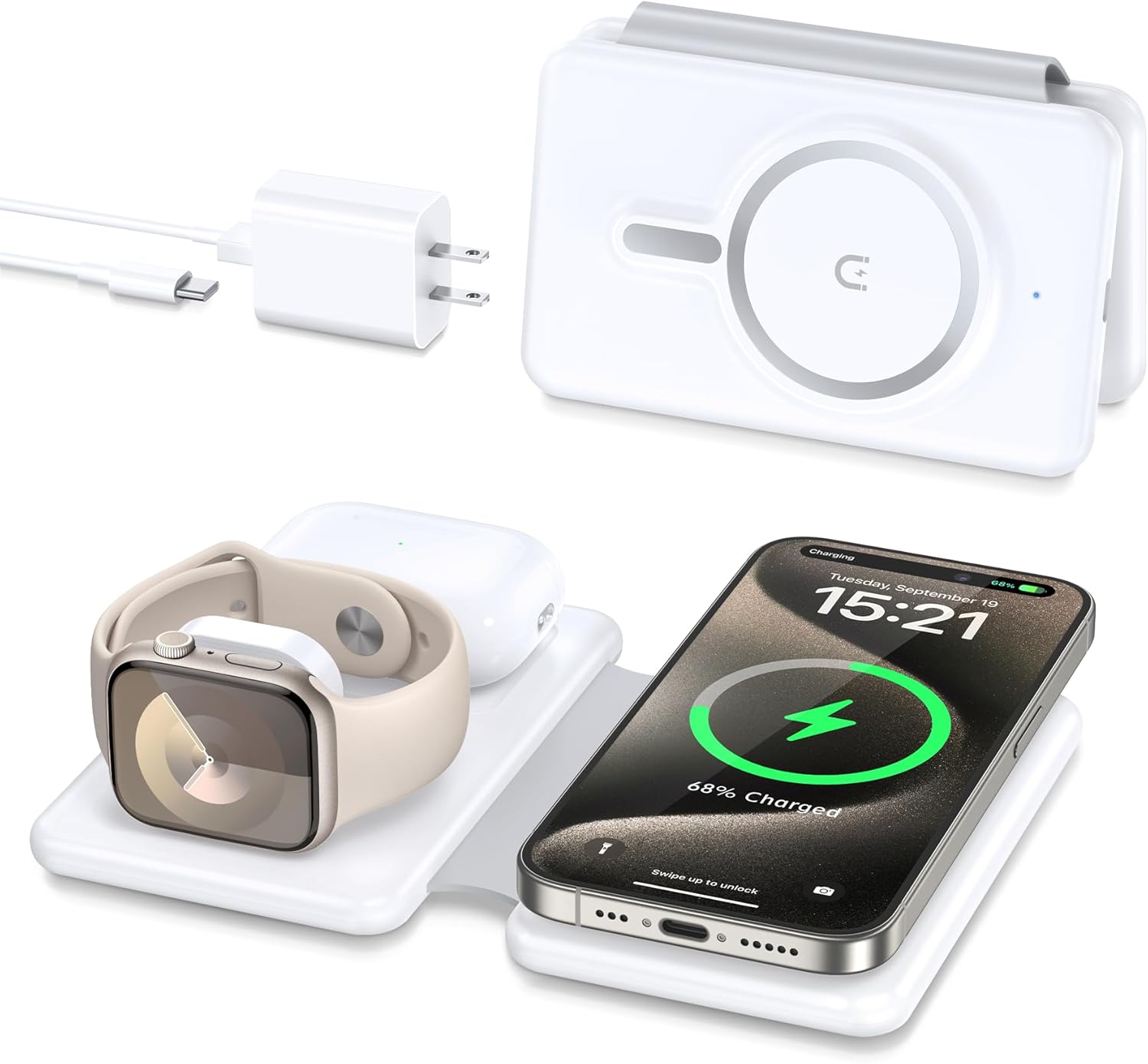 Chargeur magnétique sans fil pour iPhone : station de recharge de voyage 3 en 1 pour appareils Apple pour iPhone 16 15 14 13 12 Pro Max Plus - Support de recharge pliable pour Apple Watch Series Airpods 3 2 Pro