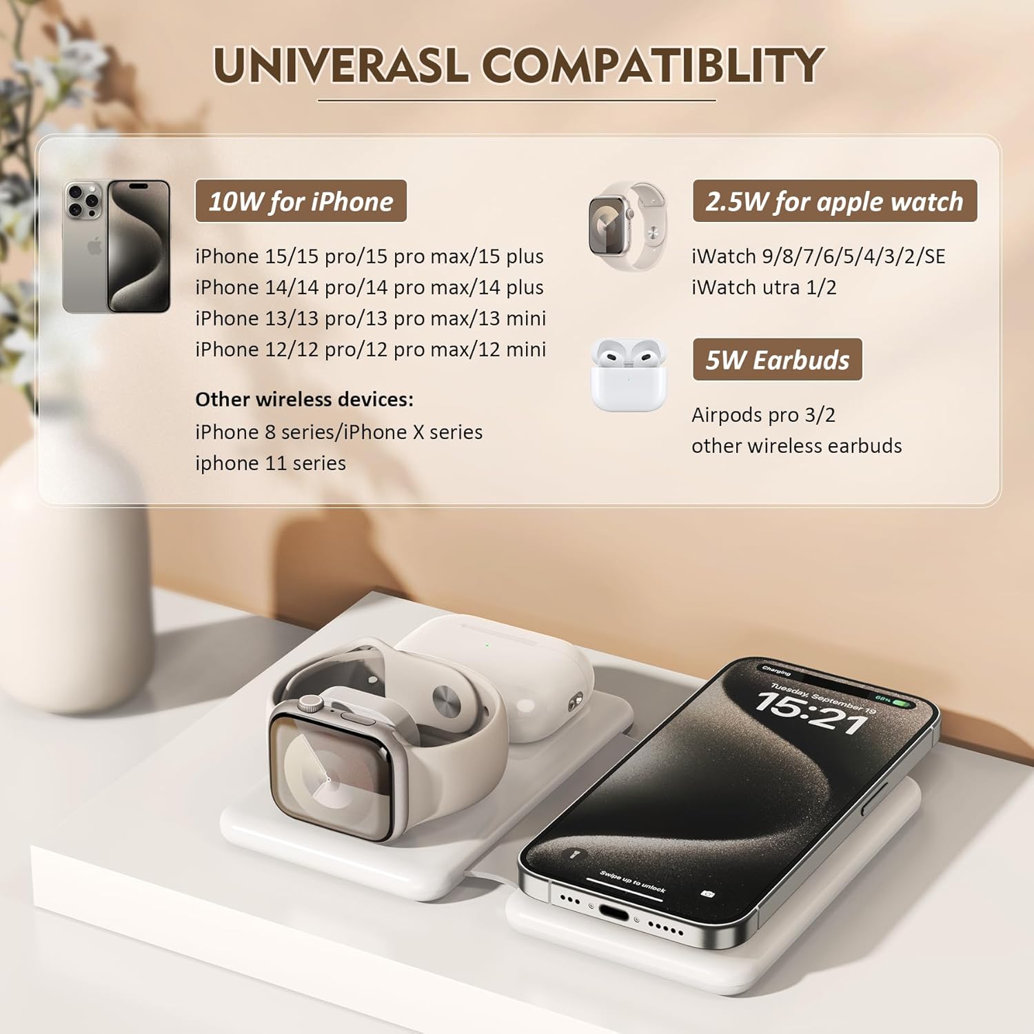 Chargeur magnétique sans fil pour iPhone : station de recharge de voyage 3 en 1 pour appareils Apple pour iPhone 16 15 14 13 12 Pro Max Plus - Support de recharge pliable pour Apple Watch Series Airpods 3 2 Pro
