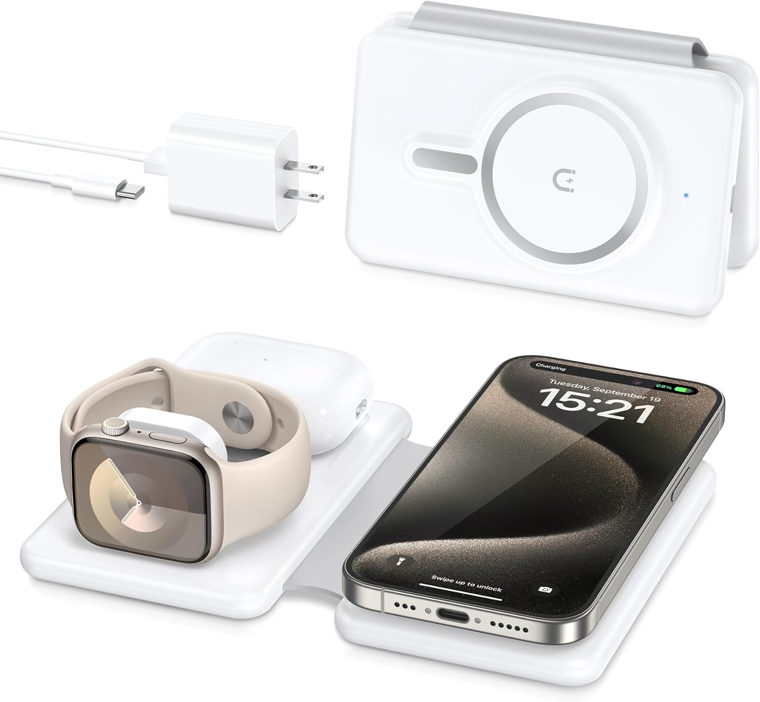Chargeur magnétique sans fil pour iPhone : station de recharge de voyage 3 en 1 pour appareils Apple pour iPhone 16 15 14 13 12 Pro Max Plus - Support de recharge pliable pour Apple Watch Series Airpods 3 2 Pro