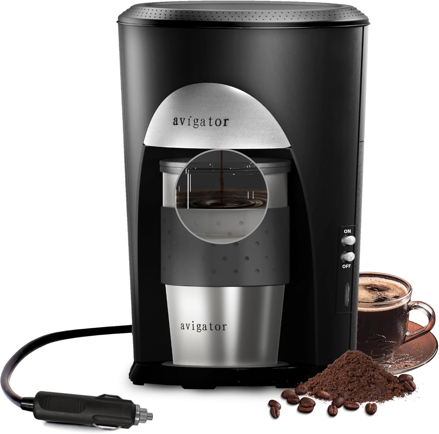 เครื่องชงกาแฟแบบพกพา เครื่องชงกาแฟในรถยนต์ 12V เครื่องชงกาแฟแบบพกพา เหมาะกับปลั๊กไฟที่จุดบุหรี่ในรถยนต์ ปิดเครื่องอัตโนมัติ เครื่องชงกาแฟบดสำหรับขับรถ ตั้งแคมป์ รถบ้าน (สีเงินดำ)