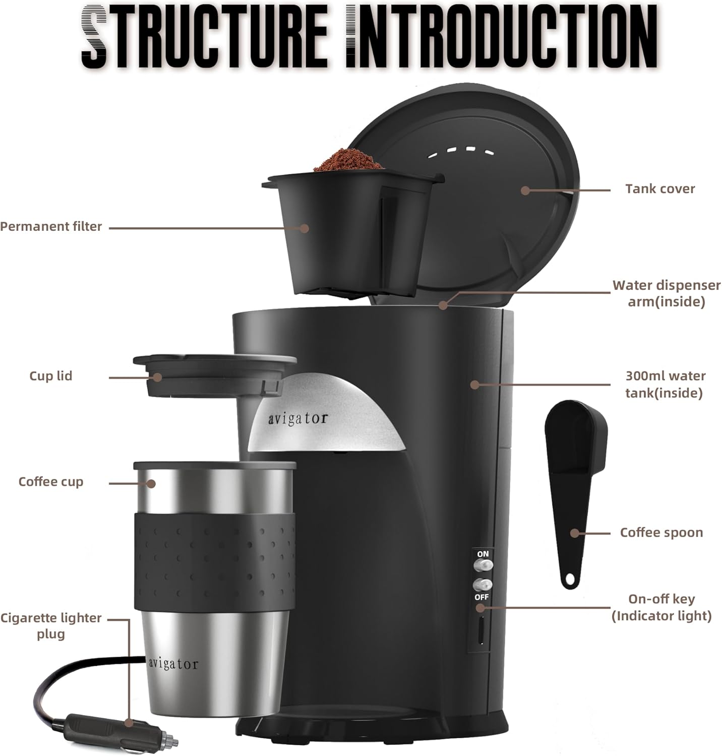 เครื่องชงกาแฟแบบพกพา เครื่องชงกาแฟในรถยนต์ 12V เครื่องชงกาแฟแบบพกพา เหมาะกับปลั๊กไฟที่จุดบุหรี่ในรถยนต์ ปิดเครื่องอัตโนมัติ เครื่องชงกาแฟบดสำหรับขับรถ ตั้งแคมป์ รถบ้าน (สีเงินดำ)
