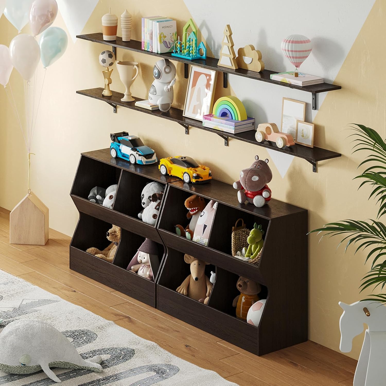 Kệ sách DINZI LVJ Kids, Tủ đựng đồ chơi, Tủ đựng đồ chơi bằng gỗ, Tủ sách 4 ngăn cho trẻ em, Kệ sách đồ chơi cho trẻ mới biết đi cho phòng ngủ, nhà trẻ, hành lang, trường học, Dài 35,4, Espresso
