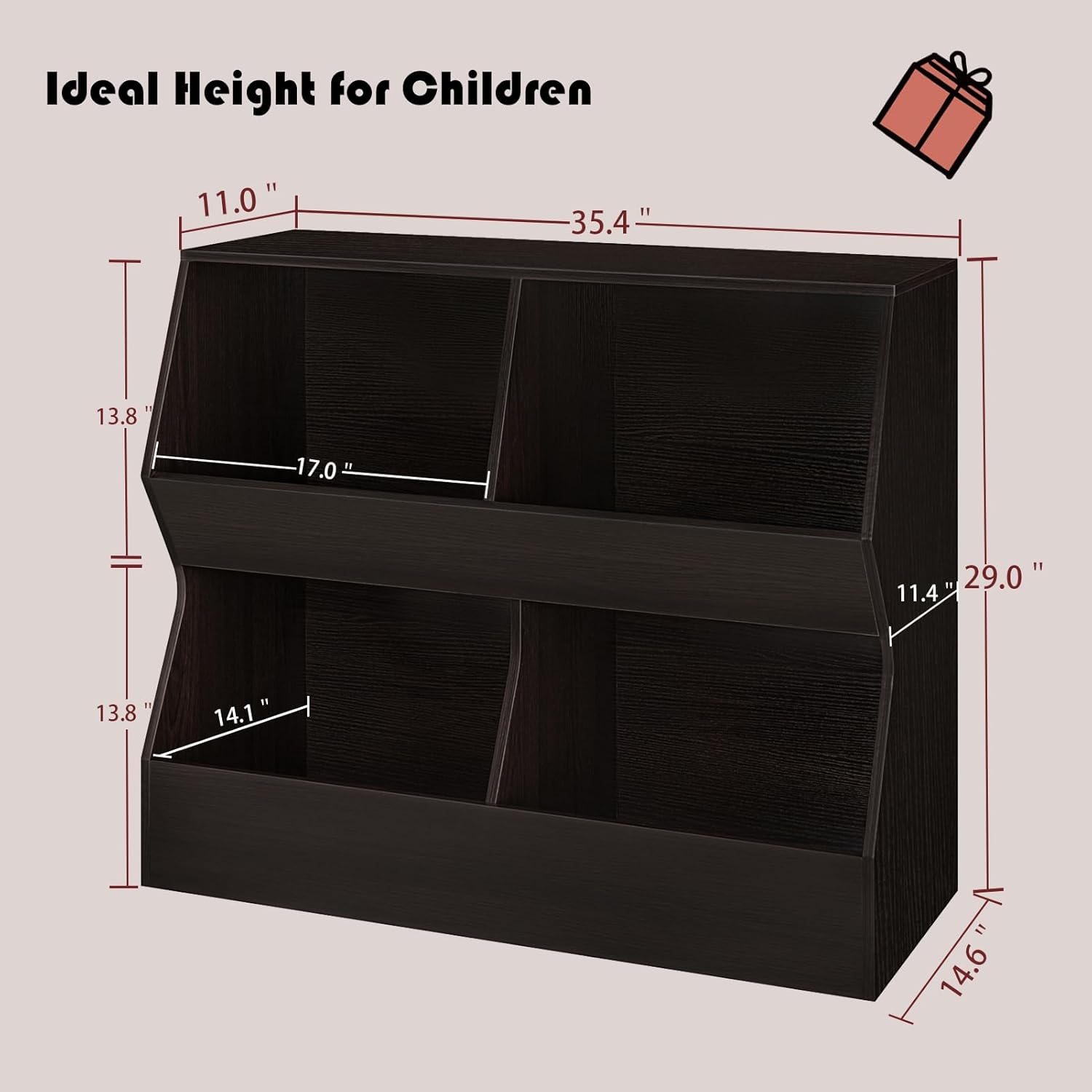 Kệ sách DINZI LVJ Kids, Tủ đựng đồ chơi, Tủ đựng đồ chơi bằng gỗ, Tủ sách 4 ngăn cho trẻ em, Kệ sách đồ chơi cho trẻ mới biết đi cho phòng ngủ, nhà trẻ, hành lang, trường học, Dài 35,4, Espresso