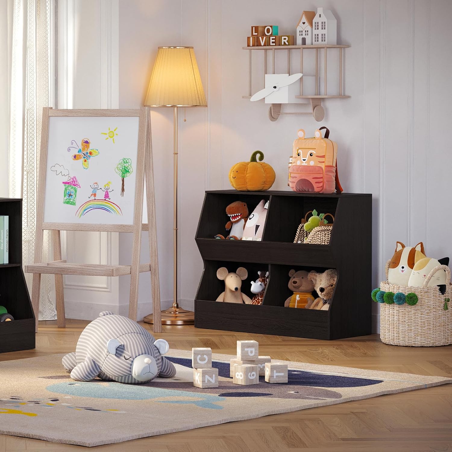 Kệ sách DINZI LVJ Kids, Tủ đựng đồ chơi, Tủ đựng đồ chơi bằng gỗ, Tủ sách 4 ngăn cho trẻ em, Kệ sách đồ chơi cho trẻ mới biết đi cho phòng ngủ, nhà trẻ, hành lang, trường học, Dài 35,4, Espresso