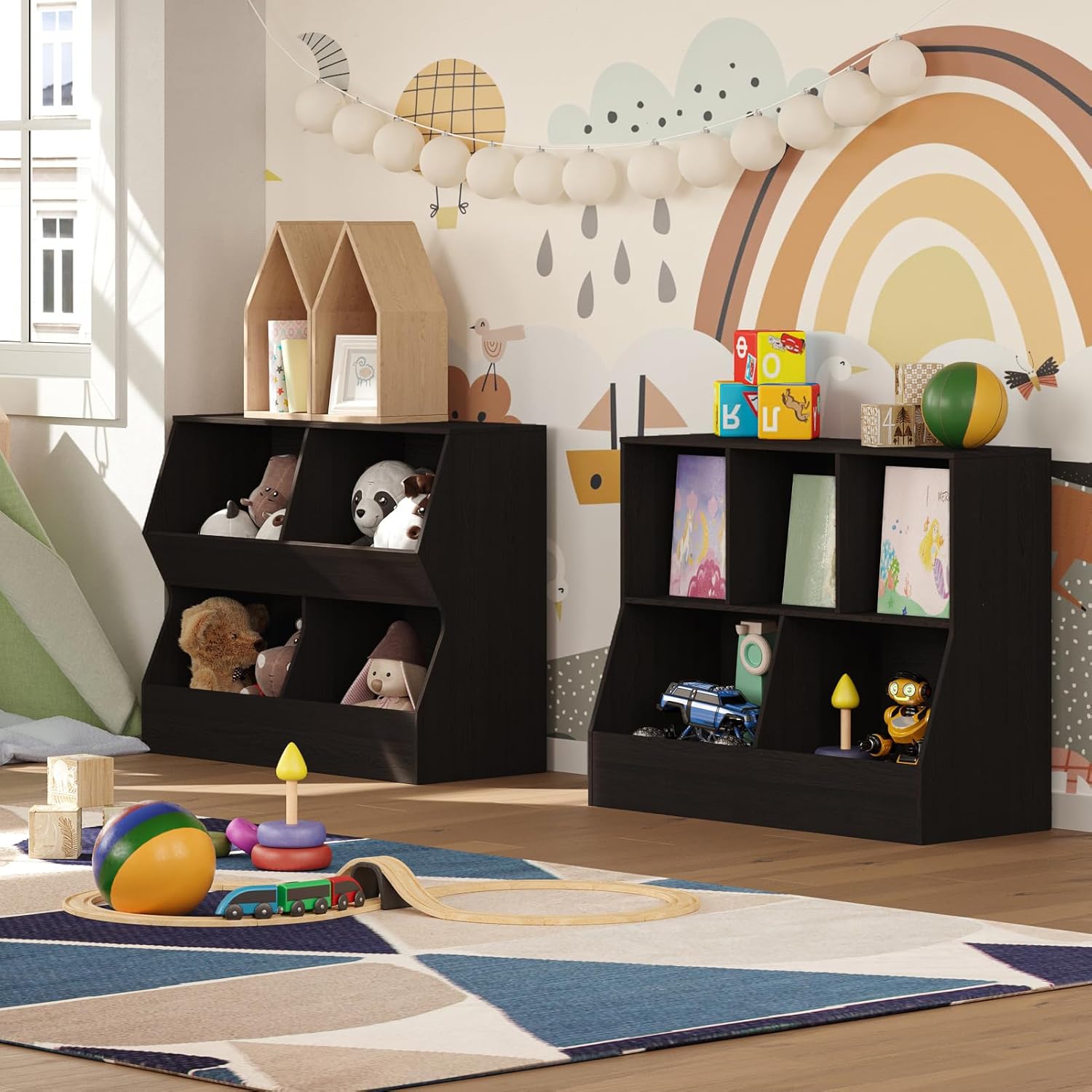 Kệ sách DINZI LVJ Kids, Tủ đựng đồ chơi, Tủ đựng đồ chơi bằng gỗ, Tủ sách 4 ngăn cho trẻ em, Kệ sách đồ chơi cho trẻ mới biết đi cho phòng ngủ, nhà trẻ, hành lang, trường học, Dài 35,4, Espresso