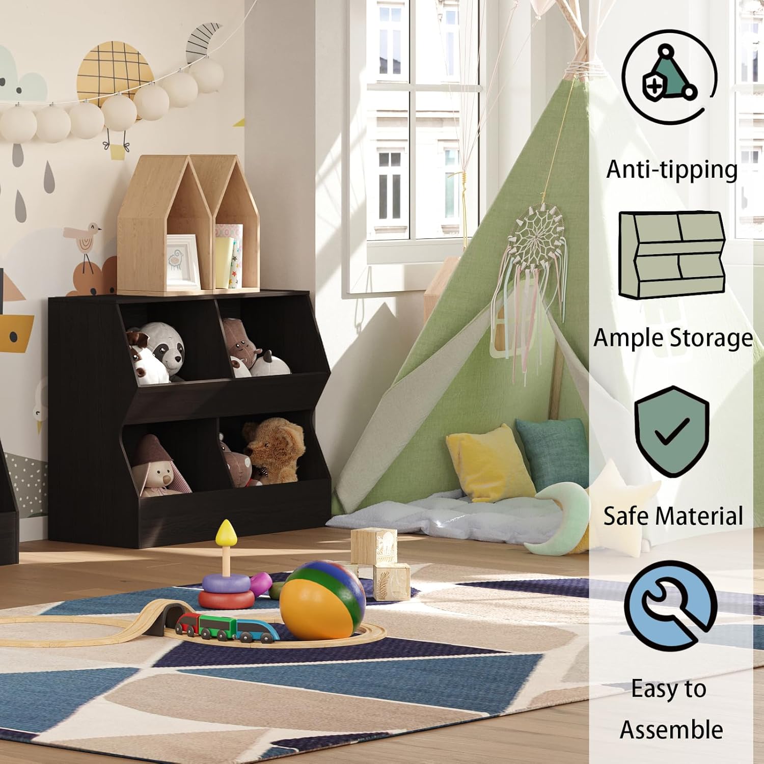 Kệ sách DINZI LVJ Kids, Tủ đựng đồ chơi, Tủ đựng đồ chơi bằng gỗ, Tủ sách 4 ngăn cho trẻ em, Kệ sách đồ chơi cho trẻ mới biết đi cho phòng ngủ, nhà trẻ, hành lang, trường học, Dài 35,4, Espresso