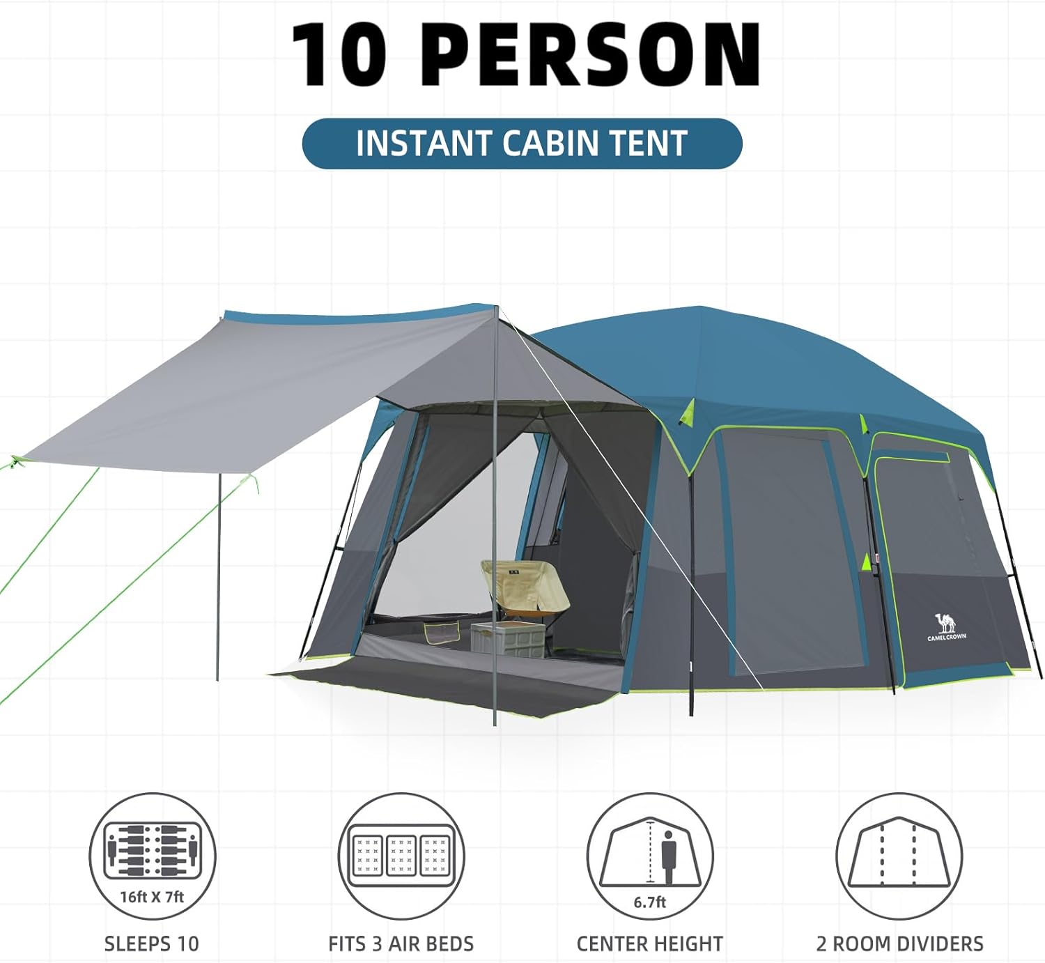 CAMEL CROWN Camping Tents 10 Person Family Cabin Tent with 2 Doors and 4 Windows Large Multiple Room Tent with Floor Mats Tents for Camping Outdoor Hiking