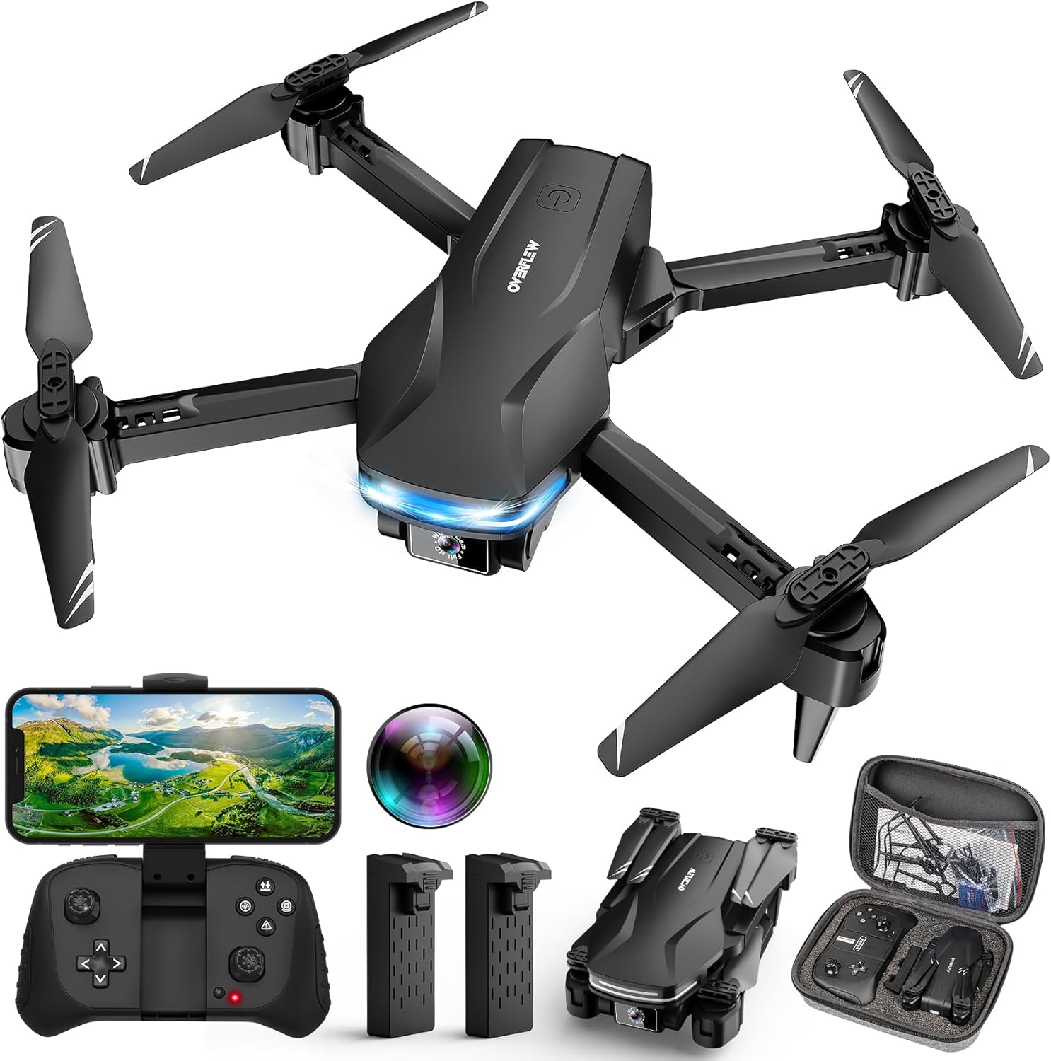 Drone avec caméra Drone pliable FPV HD 1080P pour débutants et enfants, quadricoptère avec commande vocale et gestuelle avec étui de transport, décollage et atterrissage à une touche, positionnement du flux optique, retournement à 360°, Waypoint Fly
