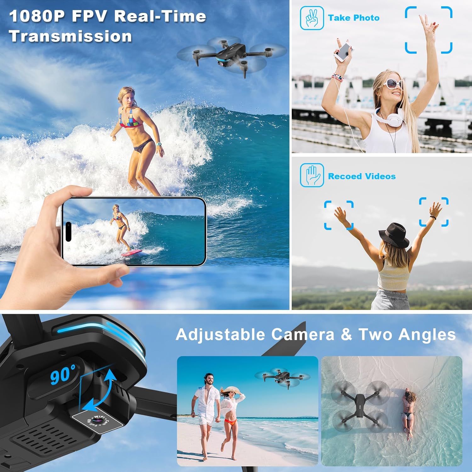 Drone avec caméra Drone pliable FPV HD 1080P pour débutants et enfants, quadricoptère avec commande vocale et gestuelle avec étui de transport, décollage et atterrissage à une touche, positionnement du flux optique, retournement à 360°, Waypoint Fly