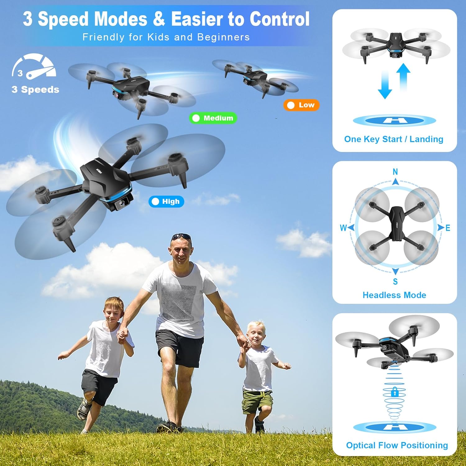 Drone avec caméra Drone pliable FPV HD 1080P pour débutants et enfants, quadricoptère avec commande vocale et gestuelle avec étui de transport, décollage et atterrissage à une touche, positionnement du flux optique, retournement à 360°, Waypoint Fly
