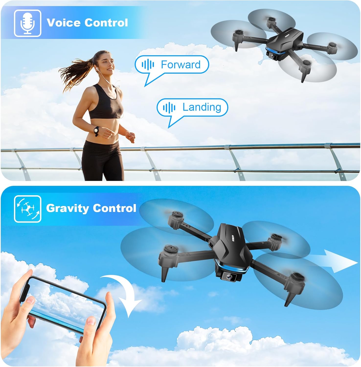 Drone avec caméra Drone pliable FPV HD 1080P pour débutants et enfants, quadricoptère avec commande vocale et gestuelle avec étui de transport, décollage et atterrissage à une touche, positionnement du flux optique, retournement à 360°, Waypoint Fly