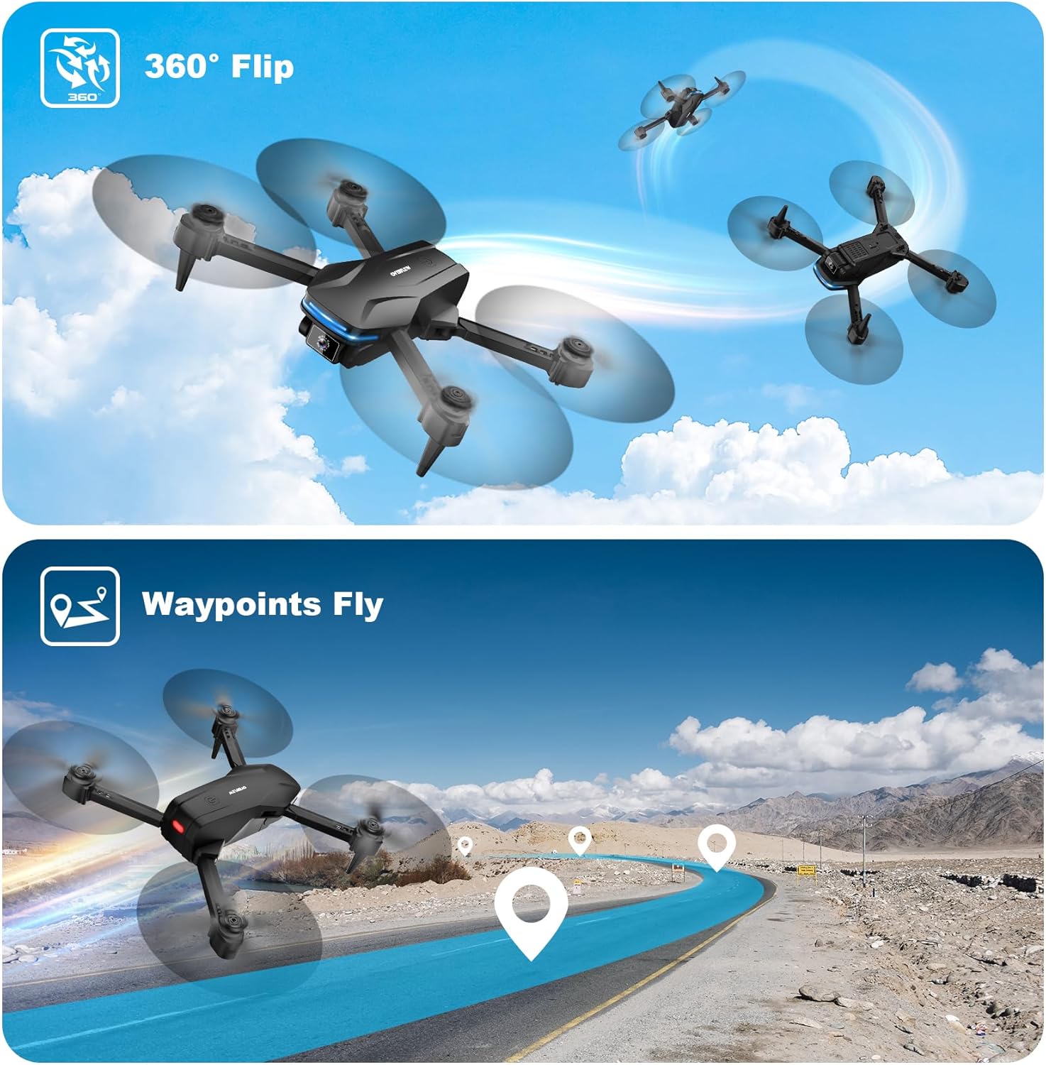 Drone avec caméra Drone pliable FPV HD 1080P pour débutants et enfants, quadricoptère avec commande vocale et gestuelle avec étui de transport, décollage et atterrissage à une touche, positionnement du flux optique, retournement à 360°, Waypoint Fly