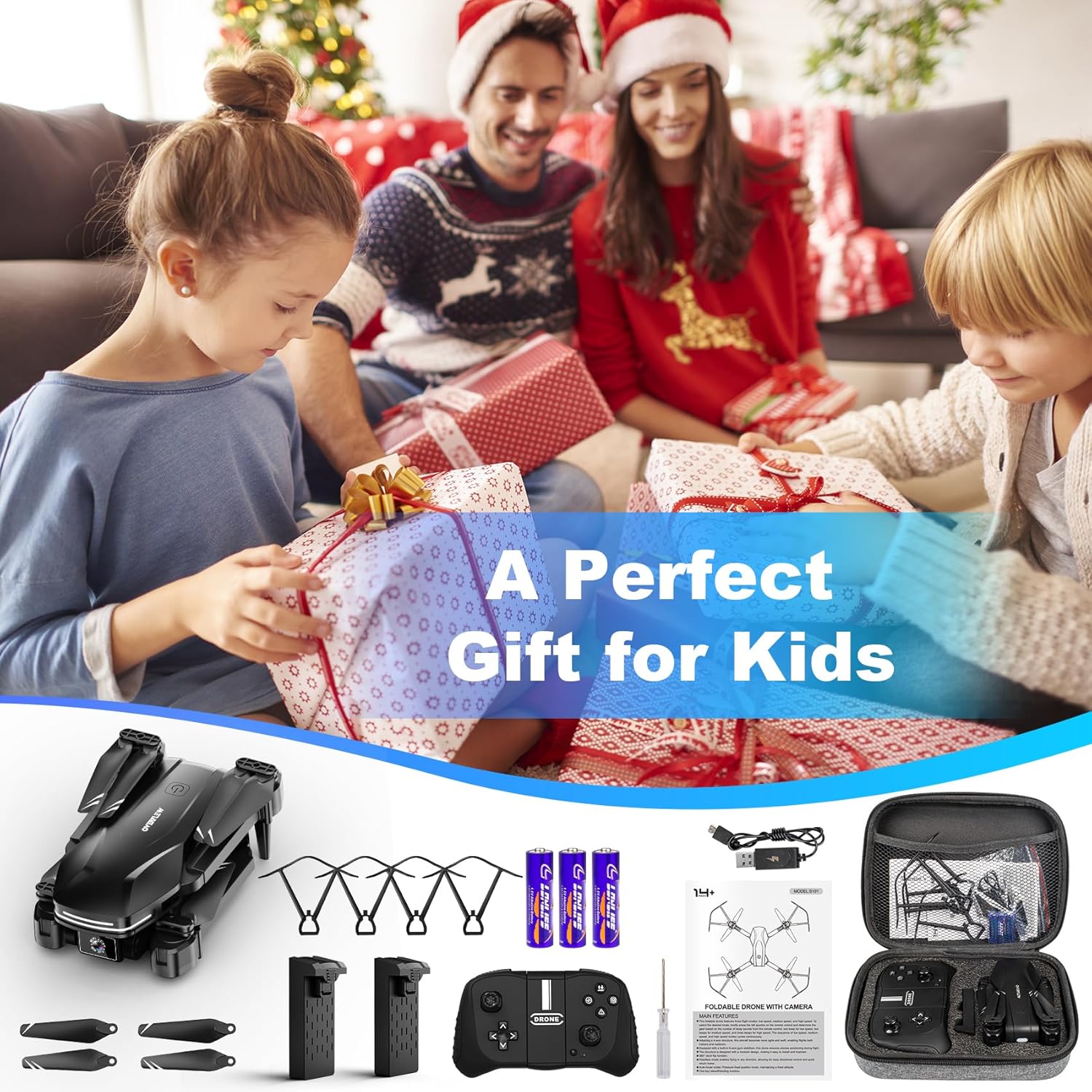 Drone avec caméra Drone pliable FPV HD 1080P pour débutants et enfants, quadricoptère avec commande vocale et gestuelle avec étui de transport, décollage et atterrissage à une touche, positionnement du flux optique, retournement à 360°, Waypoint Fly