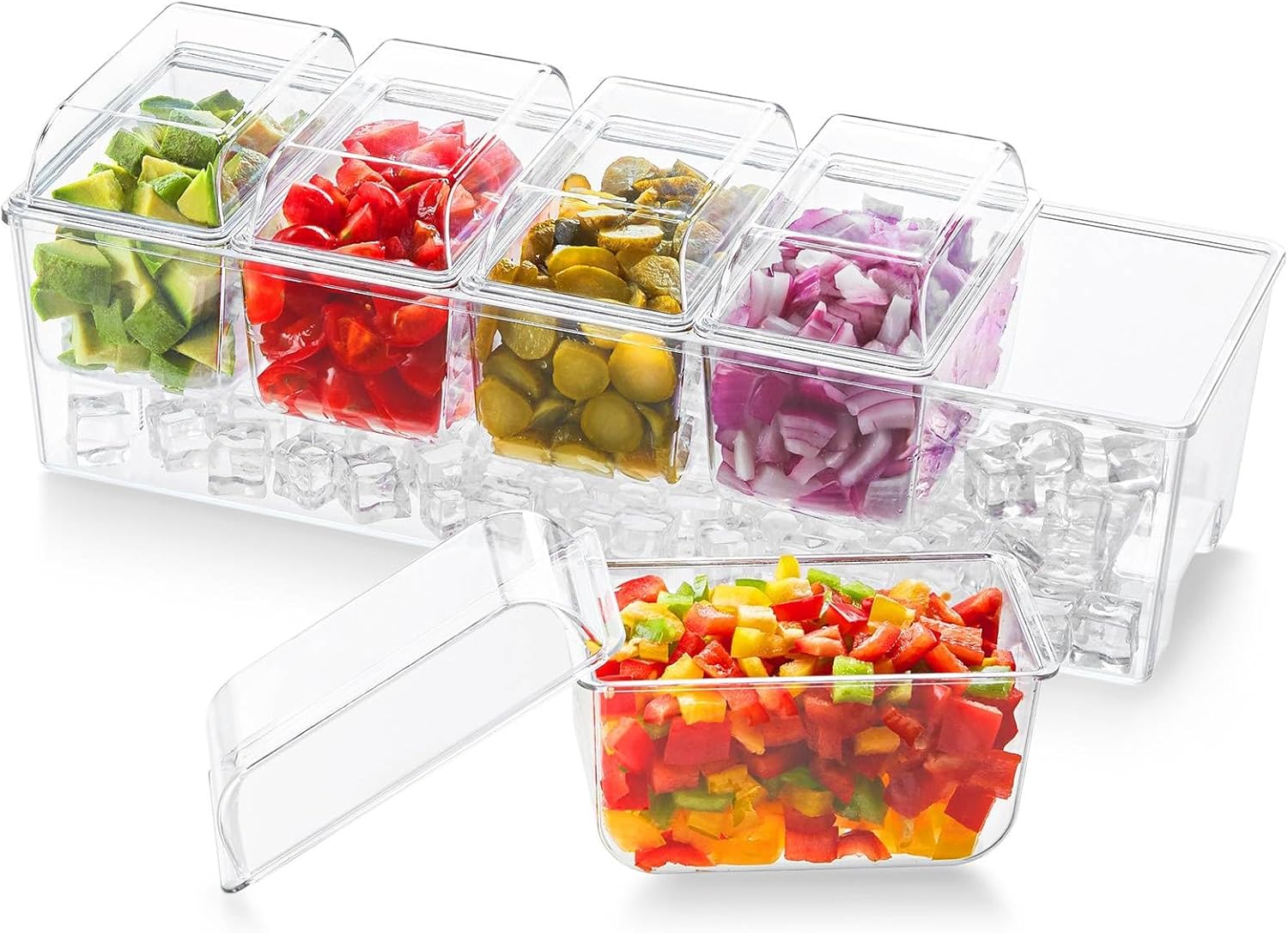 Lifewit Ice Chilled Condiment Caddy พร้อมภาชนะ 5 ใบ (2.5 ถ้วย) ถาดเสิร์ฟเครื่องปรุงพร้อมฝาปิดแยก ถาดเสิร์ฟพร้อมจานแบบถอดได้สำหรับอุปกรณ์บาร์ ผลไม้ สลัด ทาโก้ และเครื่องปรุงสำหรับงานปาร์ตี้