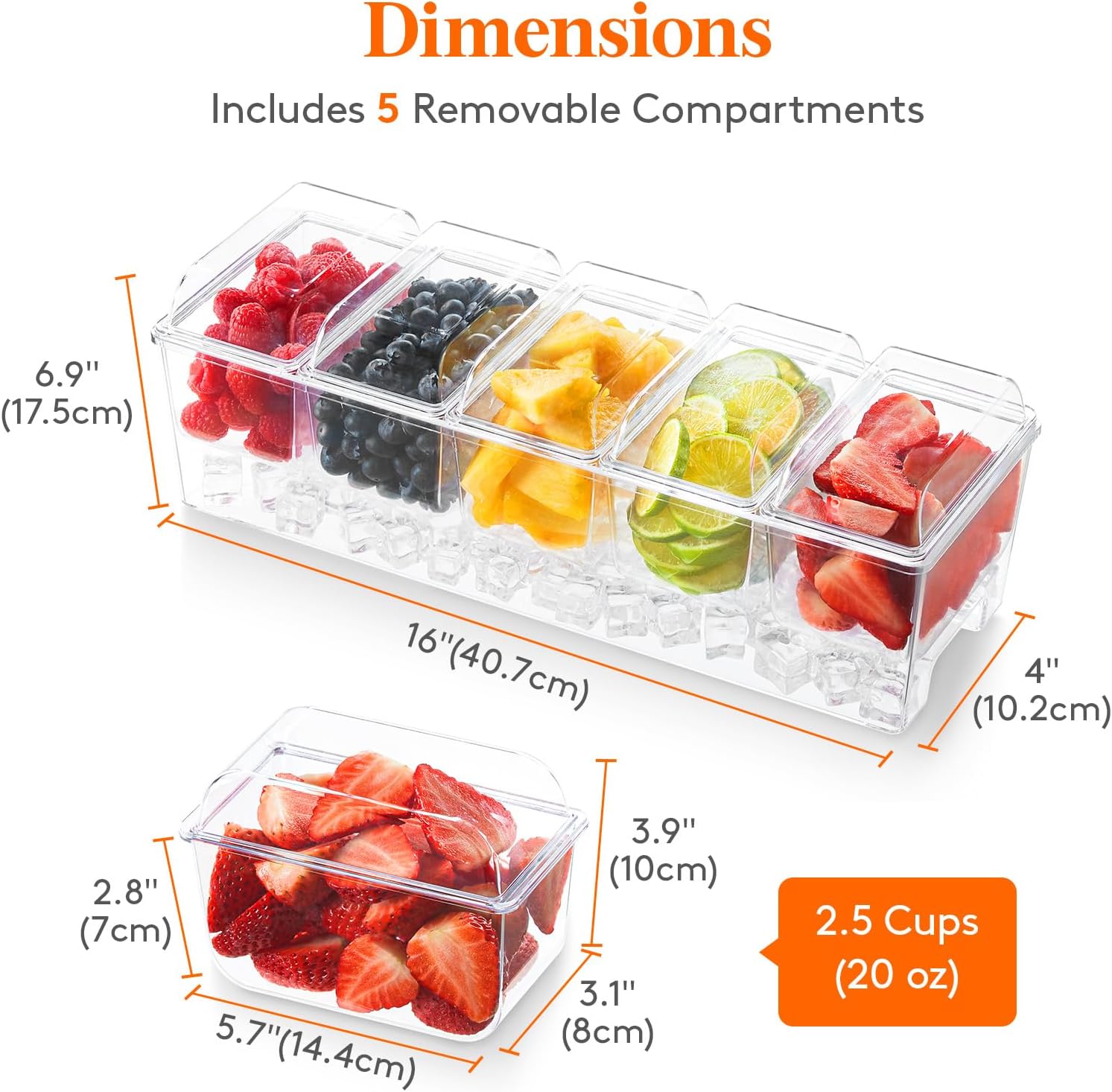 Lifewit Ice Chilled Condiment Caddy พร้อมภาชนะ 5 ใบ (2.5 ถ้วย) ถาดเสิร์ฟเครื่องปรุงพร้อมฝาปิดแยก ถาดเสิร์ฟพร้อมจานแบบถอดได้สำหรับอุปกรณ์บาร์ ผลไม้ สลัด ทาโก้ และเครื่องปรุงสำหรับงานปาร์ตี้