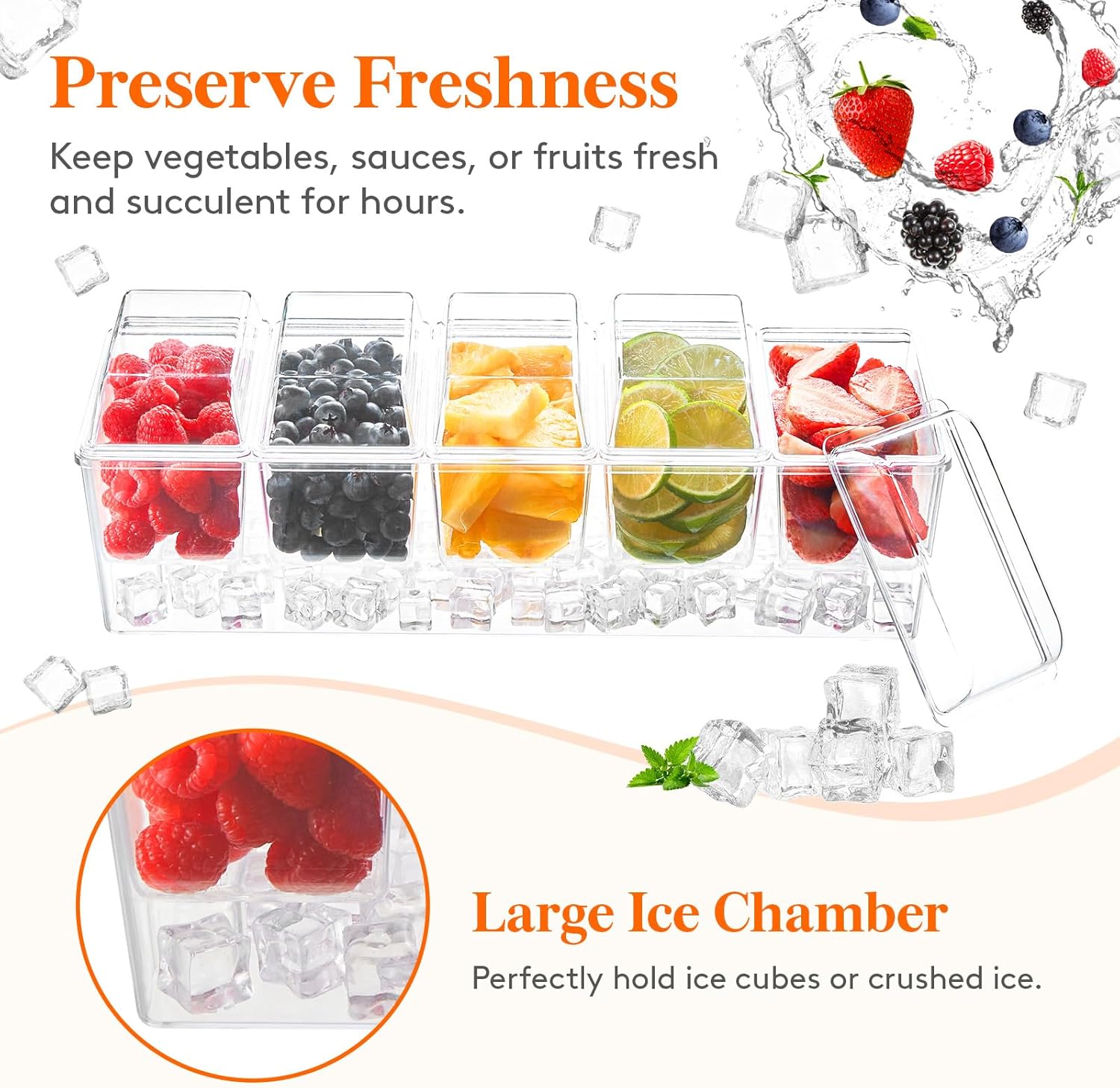 Lifewit Ice Chilled Condiment Caddy พร้อมภาชนะ 5 ใบ (2.5 ถ้วย) ถาดเสิร์ฟเครื่องปรุงพร้อมฝาปิดแยก ถาดเสิร์ฟพร้อมจานแบบถอดได้สำหรับอุปกรณ์บาร์ ผลไม้ สลัด ทาโก้ และเครื่องปรุงสำหรับงานปาร์ตี้