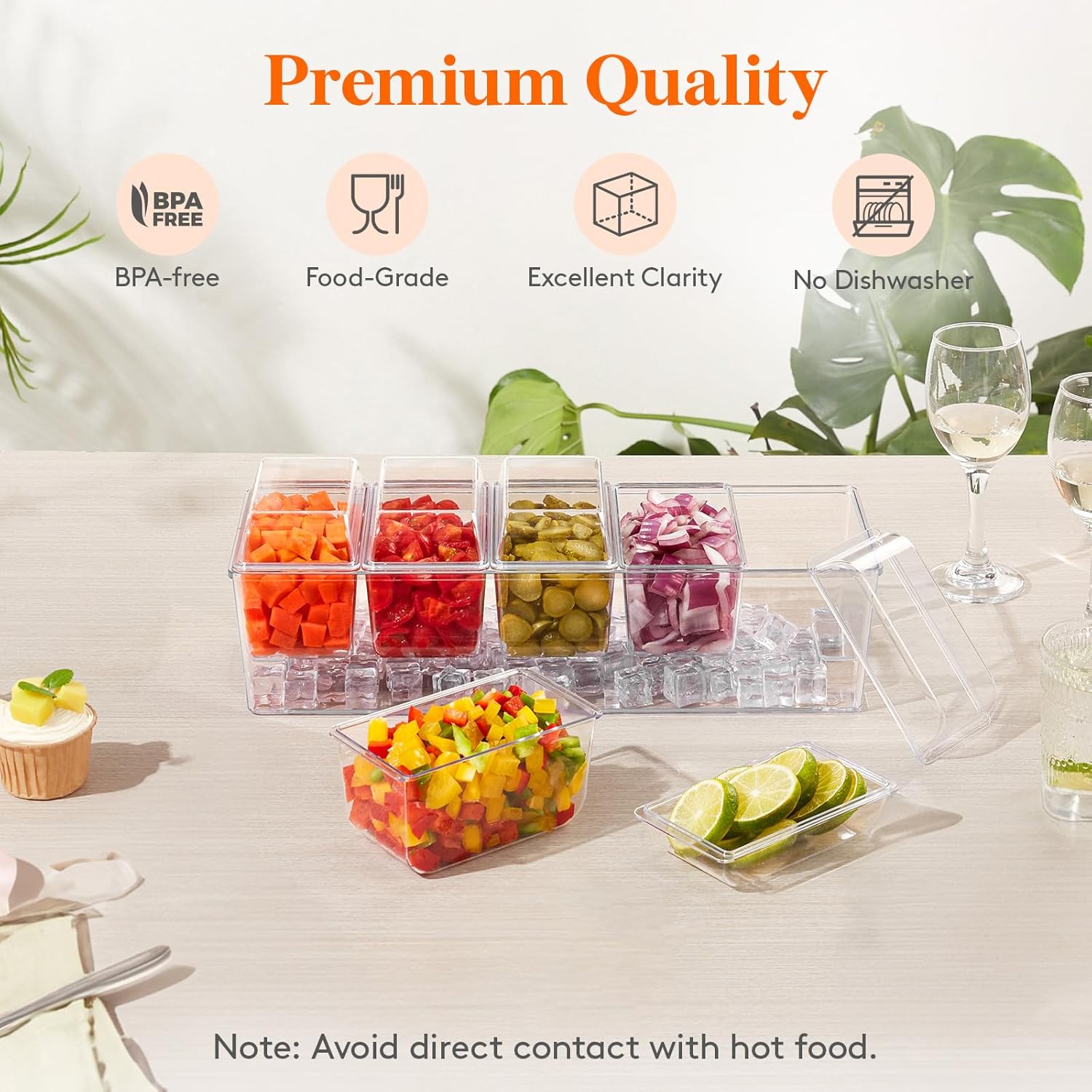 Lifewit Ice Chilled Condiment Caddy พร้อมภาชนะ 5 ใบ (2.5 ถ้วย) ถาดเสิร์ฟเครื่องปรุงพร้อมฝาปิดแยก ถาดเสิร์ฟพร้อมจานแบบถอดได้สำหรับอุปกรณ์บาร์ ผลไม้ สลัด ทาโก้ และเครื่องปรุงสำหรับงานปาร์ตี้