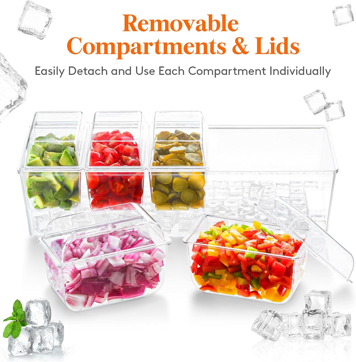 Lifewit Ice Chilled Condiment Caddy พร้อมภาชนะ 5 ใบ (2.5 ถ้วย) ถาดเสิร์ฟเครื่องปรุงพร้อมฝาปิดแยก ถาดเสิร์ฟพร้อมจานแบบถอดได้สำหรับอุปกรณ์บาร์ ผลไม้ สลัด ทาโก้ และเครื่องปรุงสำหรับงานปาร์ตี้