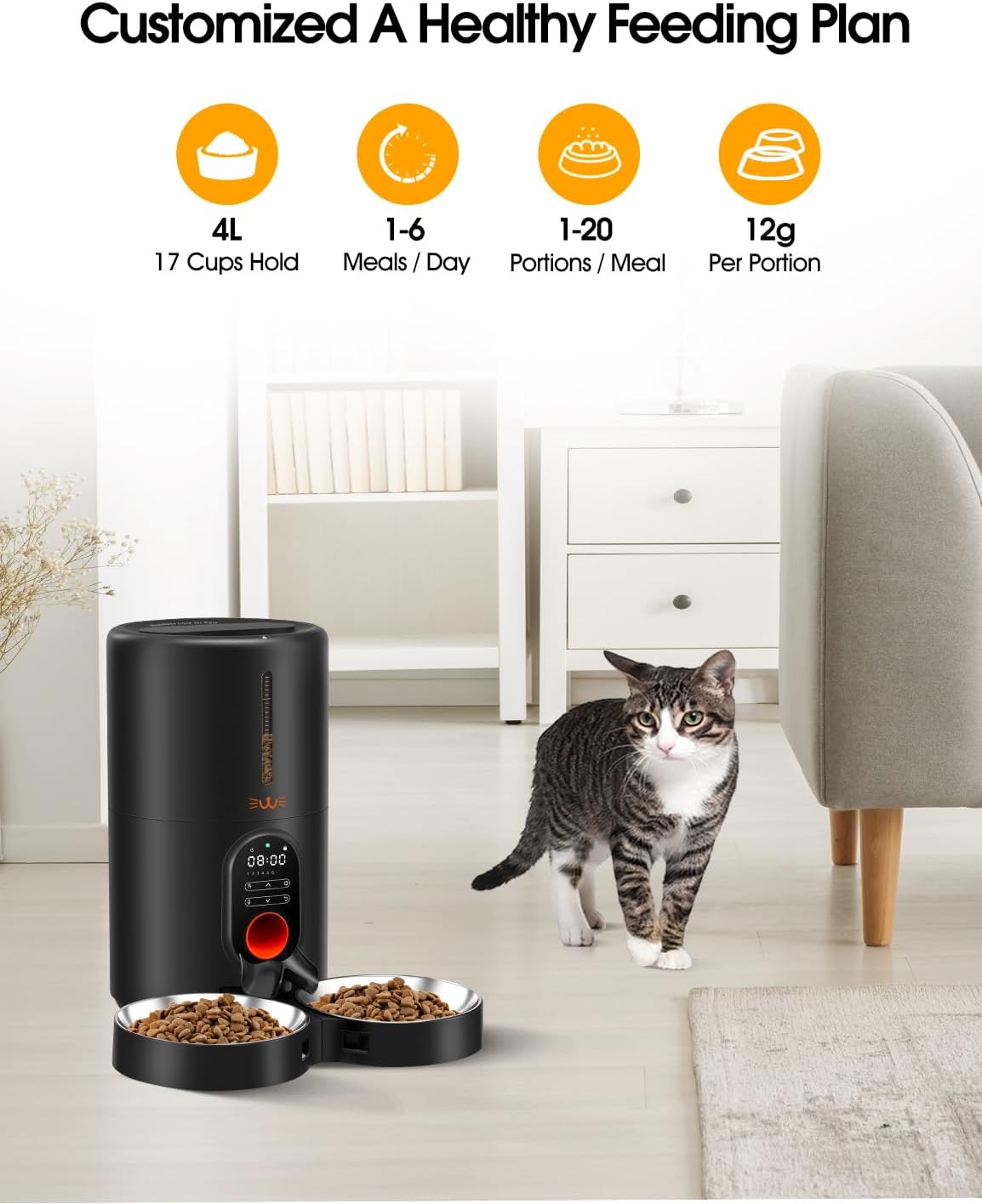 Automatic Cat Food Dispenser for Two Cats, BPA Free, 4L/17 Cups Large Capacity, Voice Record Meal Call, Safe and Reliable Feeder, Dual Power Supply · v8