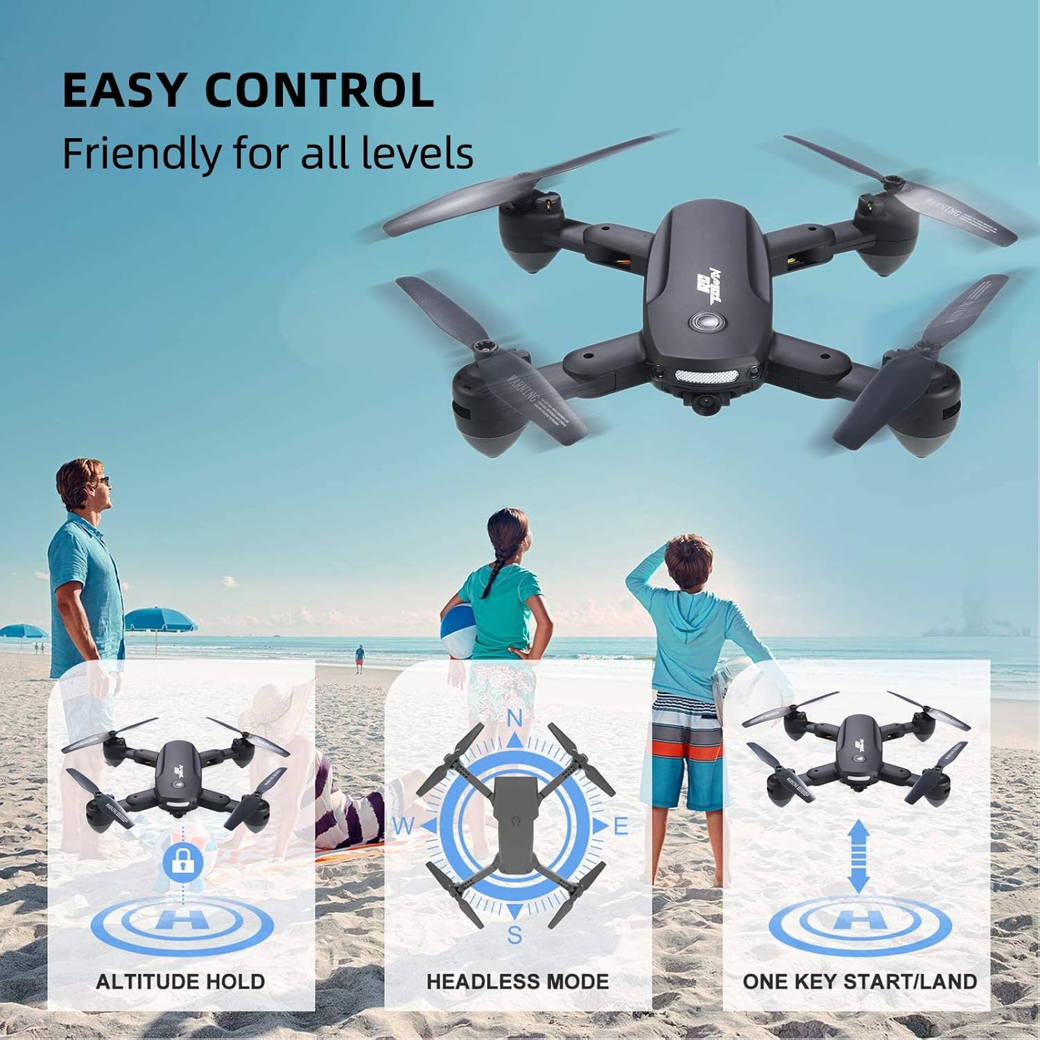 Drone pieghevole con fotocamera 720P per adulti - Quadricottero RC R10 WiFi FPV con mantenimento dell'altitudine - Fotografia gestuale - Controllo APP - Include 2 batterie