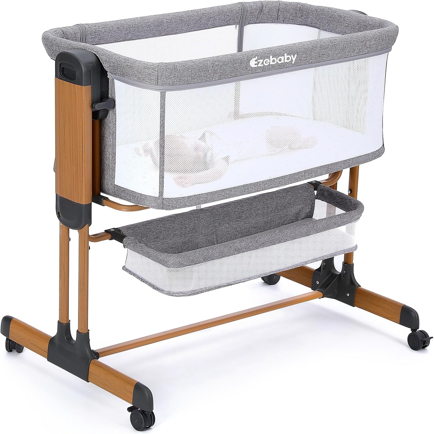 Keranjang Bayi Ezebaby, Keranjang Bayi Goyang untuk Bayi, Keranjang Bayi Samping Tempat Tidur dengan Roda, Keranjang Penyimpanan, 7 Ketinggian yang Dapat Disesuaikan dan Semua Sisi Berbahan Jaring, Keranjang Bayi Portabel untuk Tidur Samping Tempat Tidur Bayi Baru Lahir