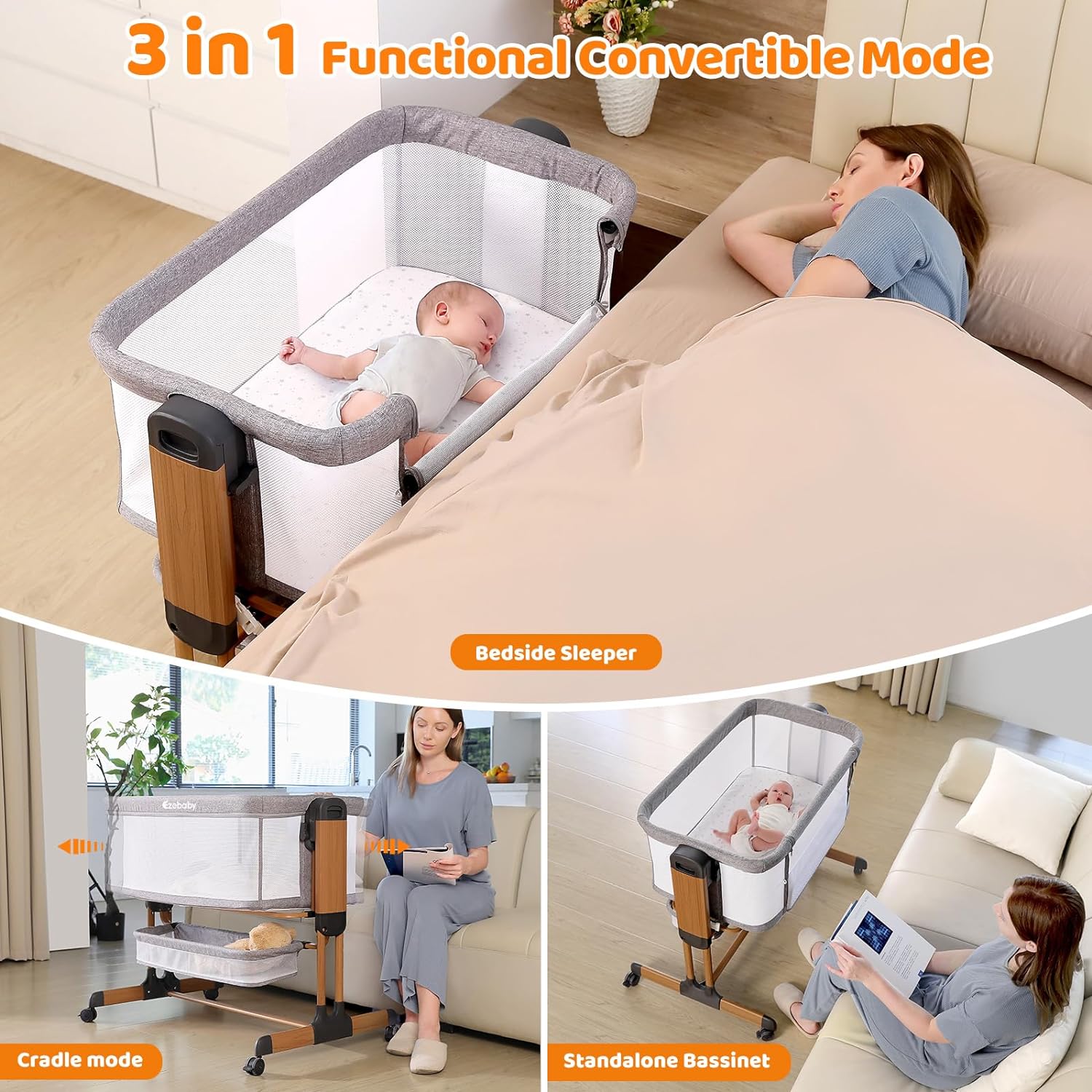 Ezebaby Baby Bassinet, Rocking Bassinet for Baby, Bedside Bassinet with Wheels, Storage Basket, Adjustable 7 Heights and All Mesh Sides, Portable Baby Bassinets Bedside Sleeper for Newborn Infant · v2