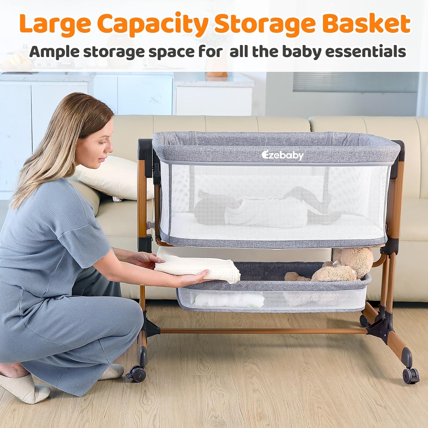 Ezebaby Baby Bassinet, Rocking Bassinet for Baby, Bedside Bassinet with Wheels, Storage Basket, Adjustable 7 Heights and All Mesh Sides, Portable Baby Bassinets Bedside Sleeper for Newborn Infant · v2