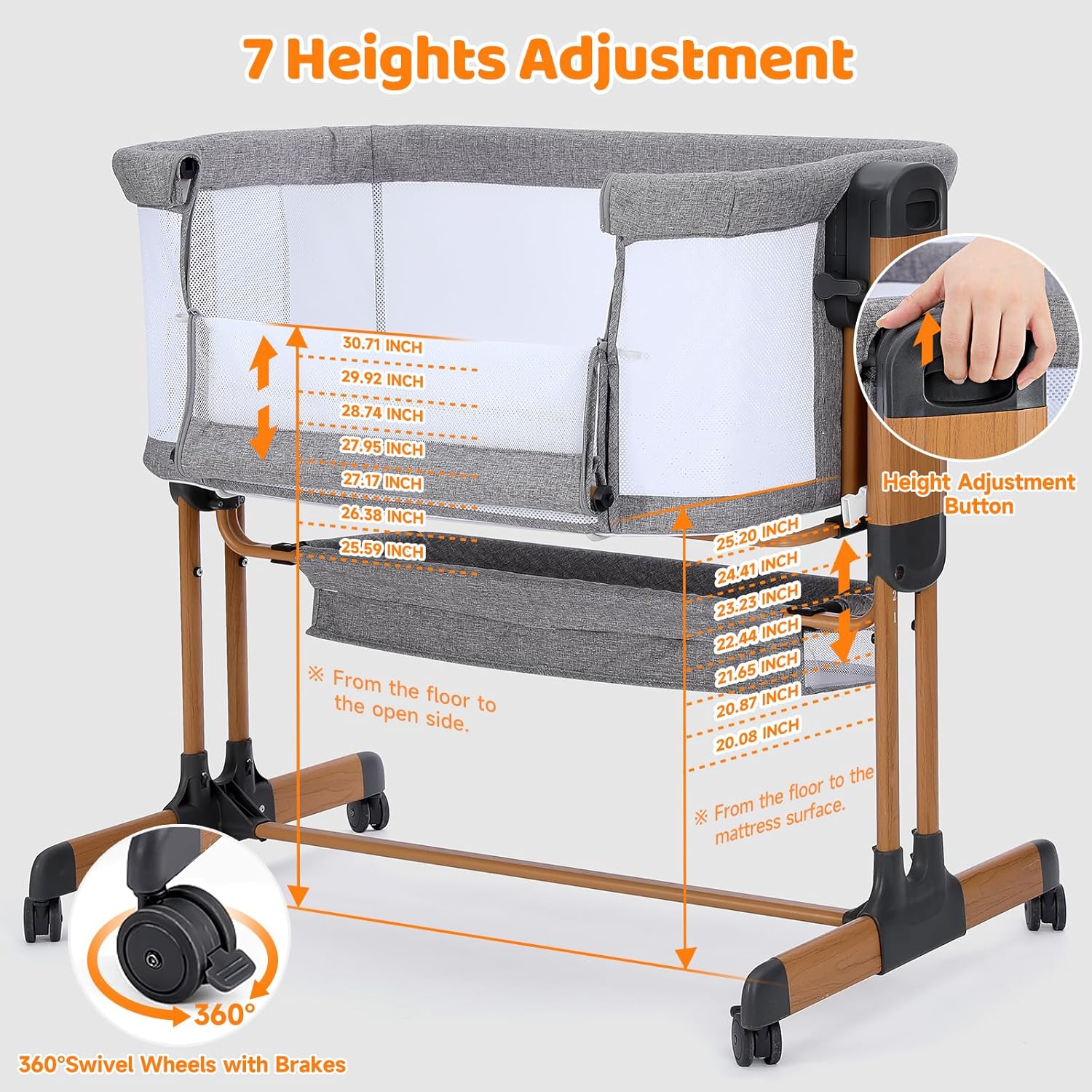 Ezebaby Baby Bassinet, Rocking Bassinet for Baby, Bedside Bassinet with Wheels, Storage Basket, Adjustable 7 Heights and All Mesh Sides, Portable Baby Bassinets Bedside Sleeper for Newborn Infant · v2