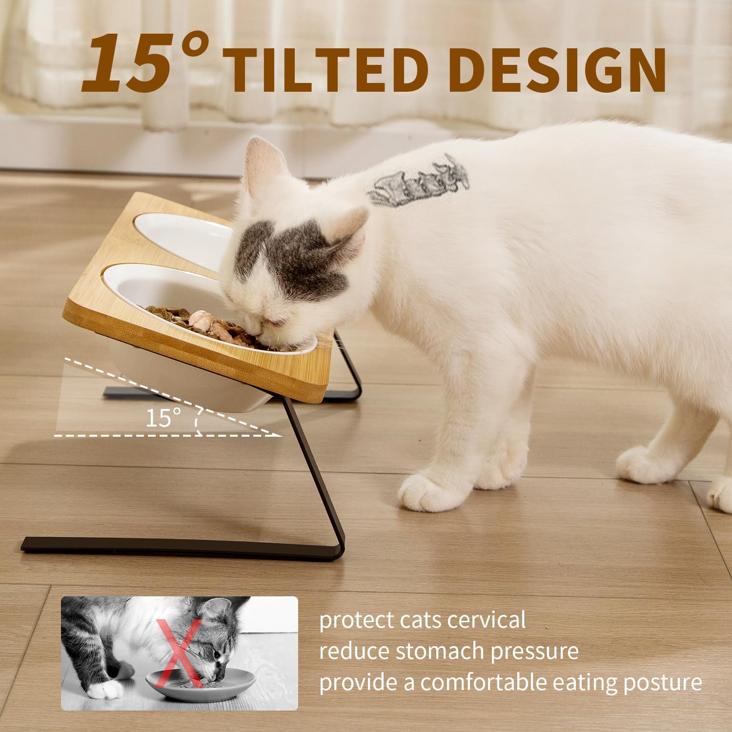 Gamelles surélevées en céramique pour chats pour la nourriture et l'eau, bols de nourriture surélevés inclinés à 15° pour chats, support entièrement en bambou de qualité alimentaire, anti-vomissements, adapté aux moustaches de chat, parfait pour les chats d'intérieur et les petits chiens