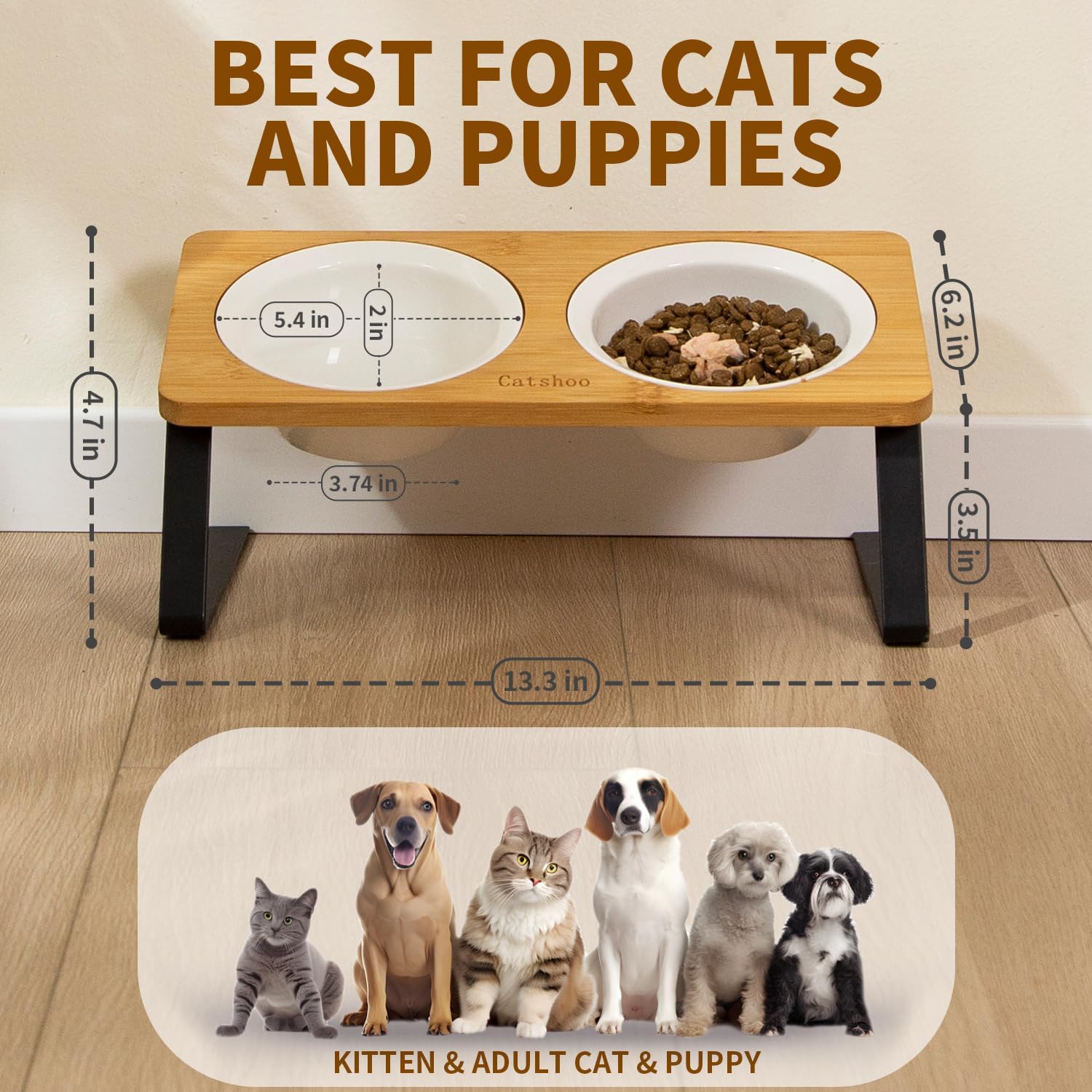 Gamelles surélevées en céramique pour chats pour la nourriture et l'eau, bols de nourriture surélevés inclinés à 15° pour chats, support entièrement en bambou de qualité alimentaire, anti-vomissements, adapté aux moustaches de chat, parfait pour les chats d'intérieur et les petits chiens