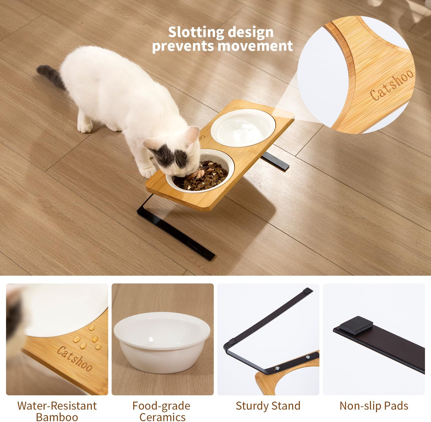 Gamelles surélevées en céramique pour chats pour la nourriture et l'eau, bols de nourriture surélevés inclinés à 15° pour chats, support entièrement en bambou de qualité alimentaire, anti-vomissements, adapté aux moustaches de chat, parfait pour les chats d'intérieur et les petits chiens