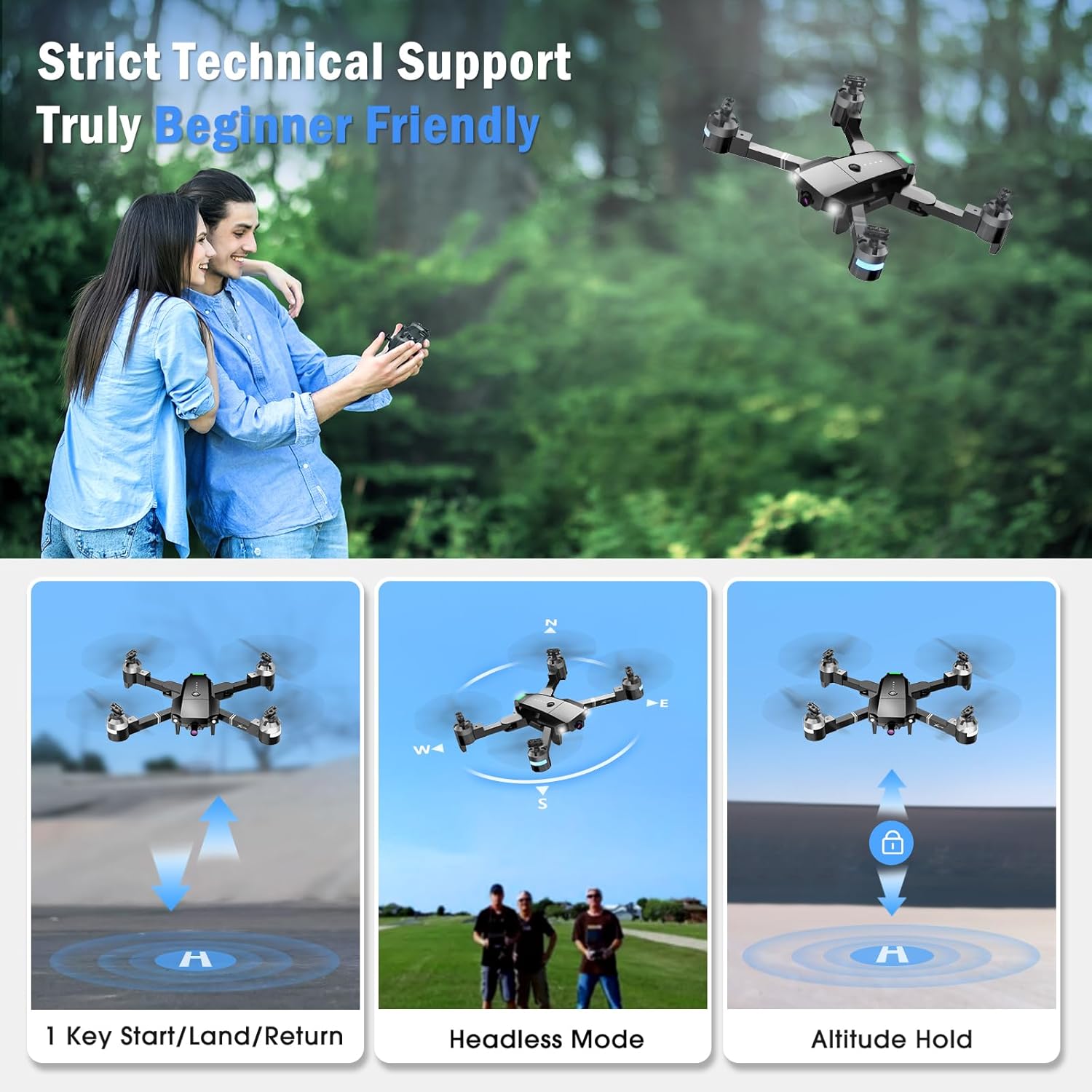 Drone con telecamera per adulti, ATTOP 1080P Live Video con telecamera grandangolare 120° controllata da app per bambini di età superiore a 8 anni, adatto ai principianti con 1 chiave Fly/Land/Return, drone FPV con arresto di emergenza sicuro, controllo remoto/vocale/gestuale, capovolgimento a 360°, custodia da trasporto, 2 batterie, modalità VR, regali per ragazze/ragazzi