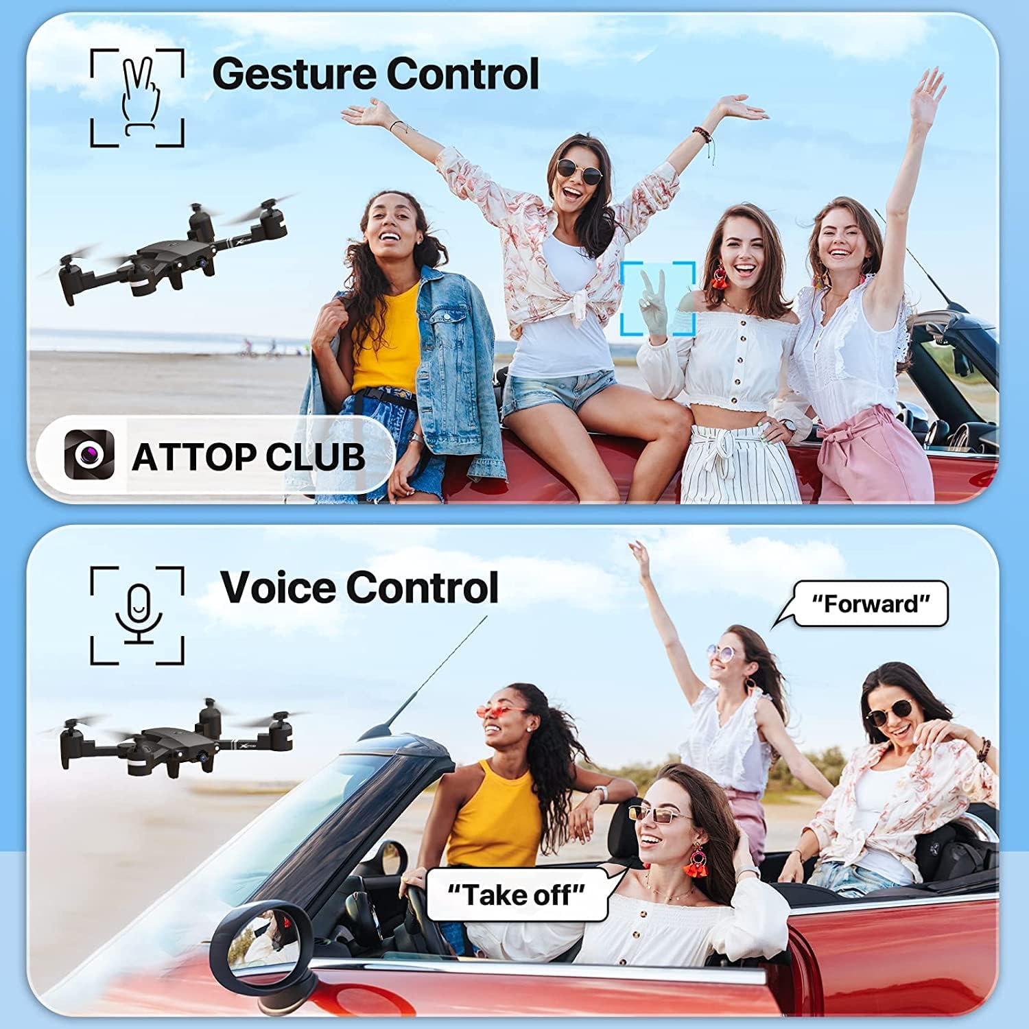 Drone con telecamera per adulti, ATTOP 1080P Live Video con telecamera grandangolare 120° controllata da app per bambini di età superiore a 8 anni, adatto ai principianti con 1 chiave Fly/Land/Return, drone FPV con arresto di emergenza sicuro, controllo remoto/vocale/gestuale, capovolgimento a 360°, custodia da trasporto, 2 batterie, modalità VR, regali per ragazze/ragazzi