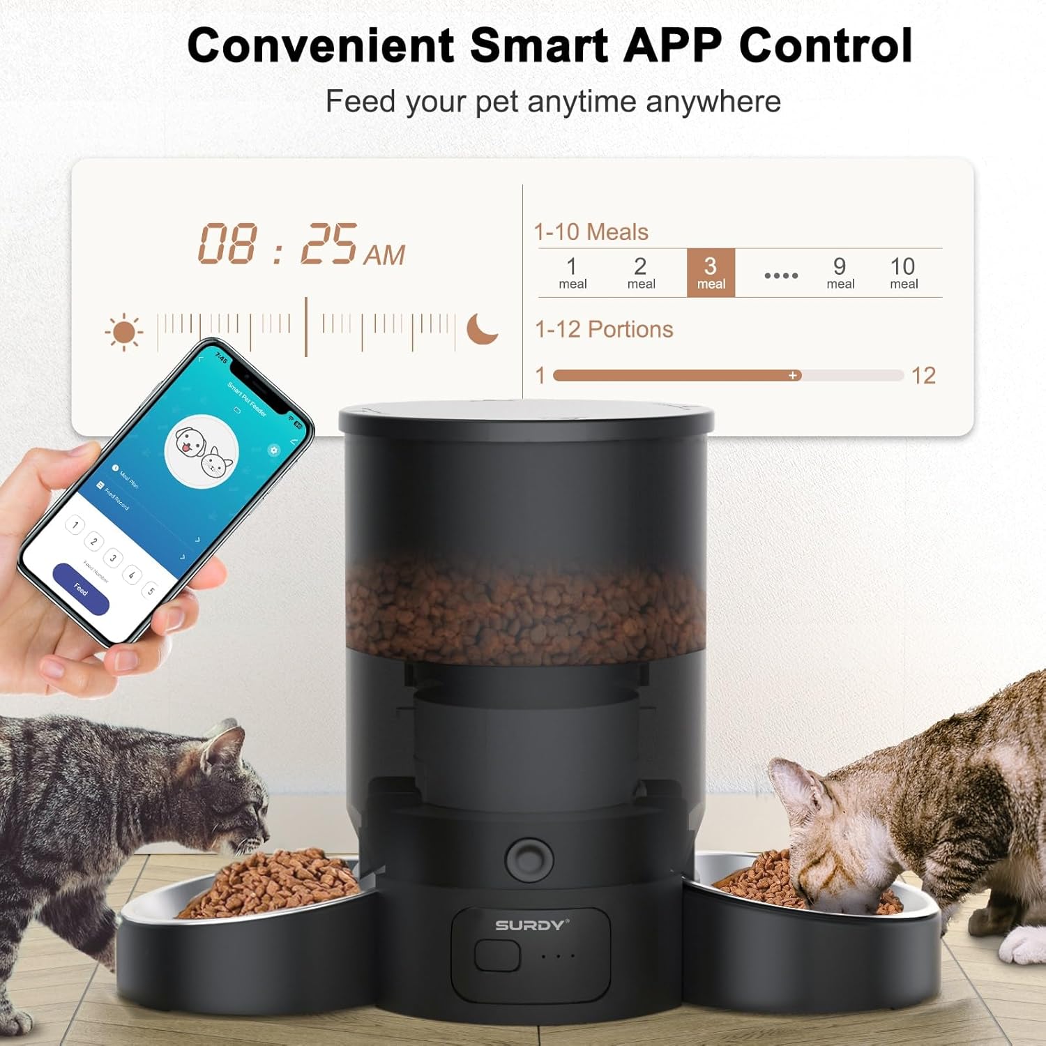 وحدة تغذية القطط الأوتوماتيكية لقطتين، وحدة تغذية الحيوانات الأليفة الذكية SURDY 2.4G WiFi مع التحكم في التطبيق للتغذية عن بعد، وحدة تغذية الحيوانات الأليفة المؤقتة 3 لتر قابلة للبرمجة من 1 إلى 10 وجبات، مصدر طاقة مزدوج، كيس ماص للرطوبة، مكالمة وجبة لمدة 10 ثوانٍ