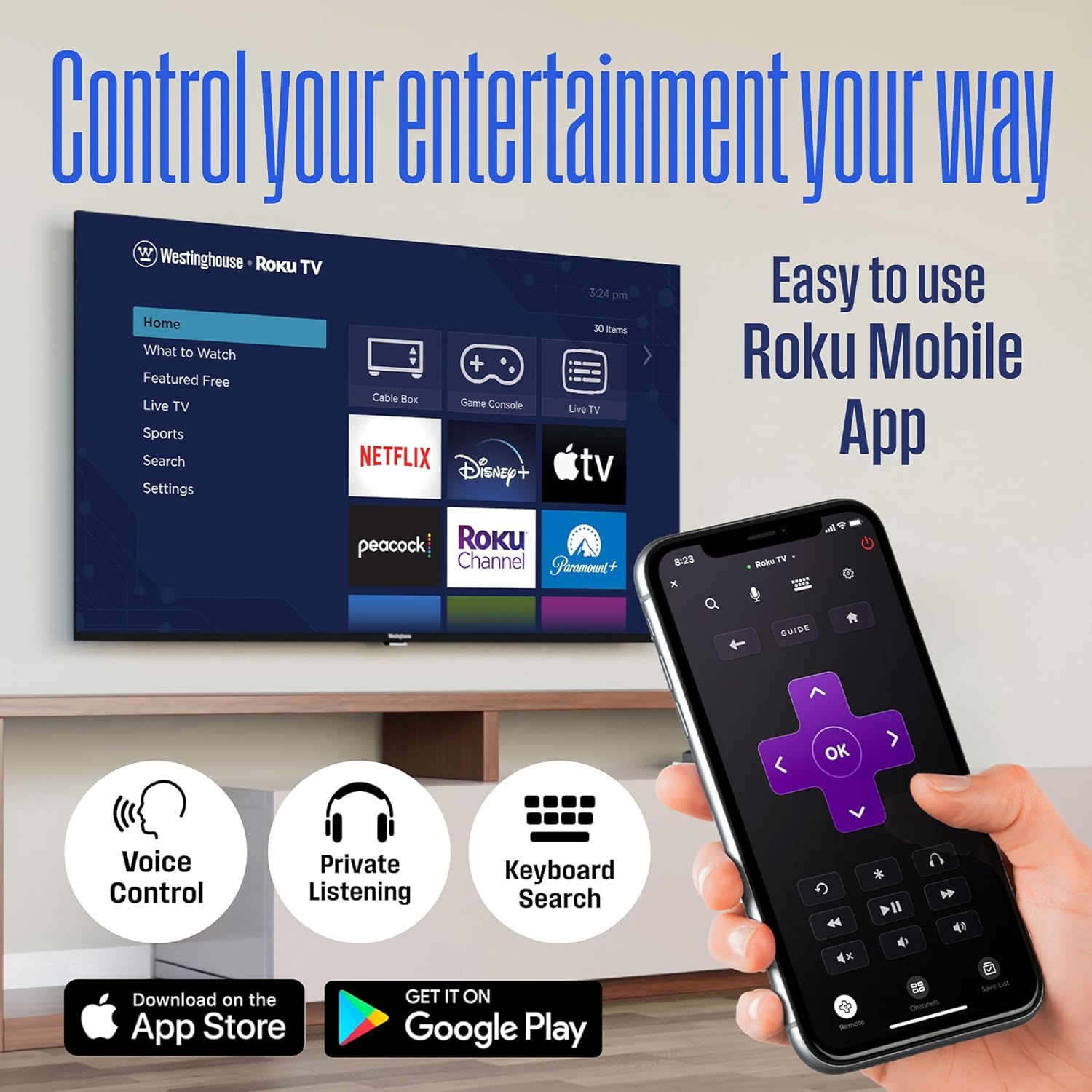 تلفزيون Westinghouse Edgeless Roku - تلفزيون ذكي مقاس 32 بوصة، تلفزيون LED عالي الدقة مع اتصال Wi-Fi بتطبيق الهاتف المحمول، تلفزيون بشاشة مسطحة متوافق مع Apple Home Kit وAlexa وGoogle Assistant