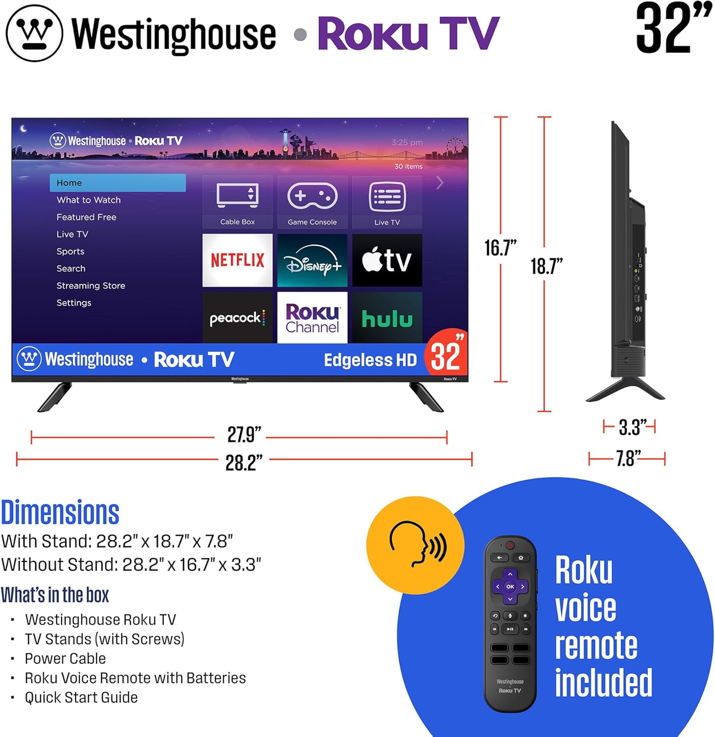 تلفزيون Westinghouse Edgeless Roku - تلفزيون ذكي مقاس 32 بوصة، تلفزيون LED عالي الدقة مع اتصال Wi-Fi بتطبيق الهاتف المحمول، تلفزيون بشاشة مسطحة متوافق مع Apple Home Kit وAlexa وGoogle Assistant