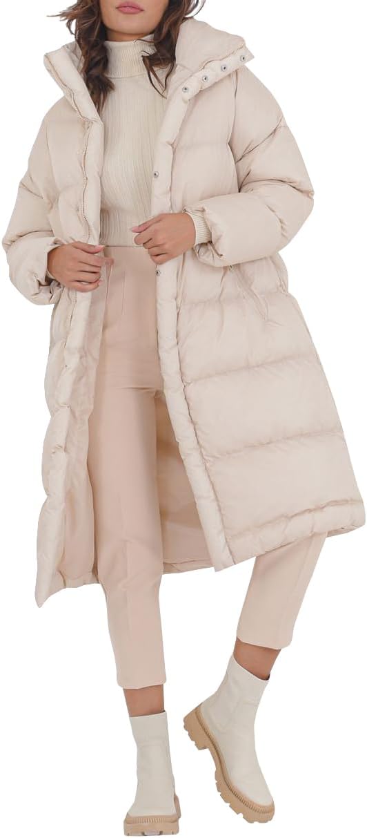 Fazortev Womens Long Puffer Jacket Stand Collar Zip Baggy Down Coats with Side Pockets Outwear