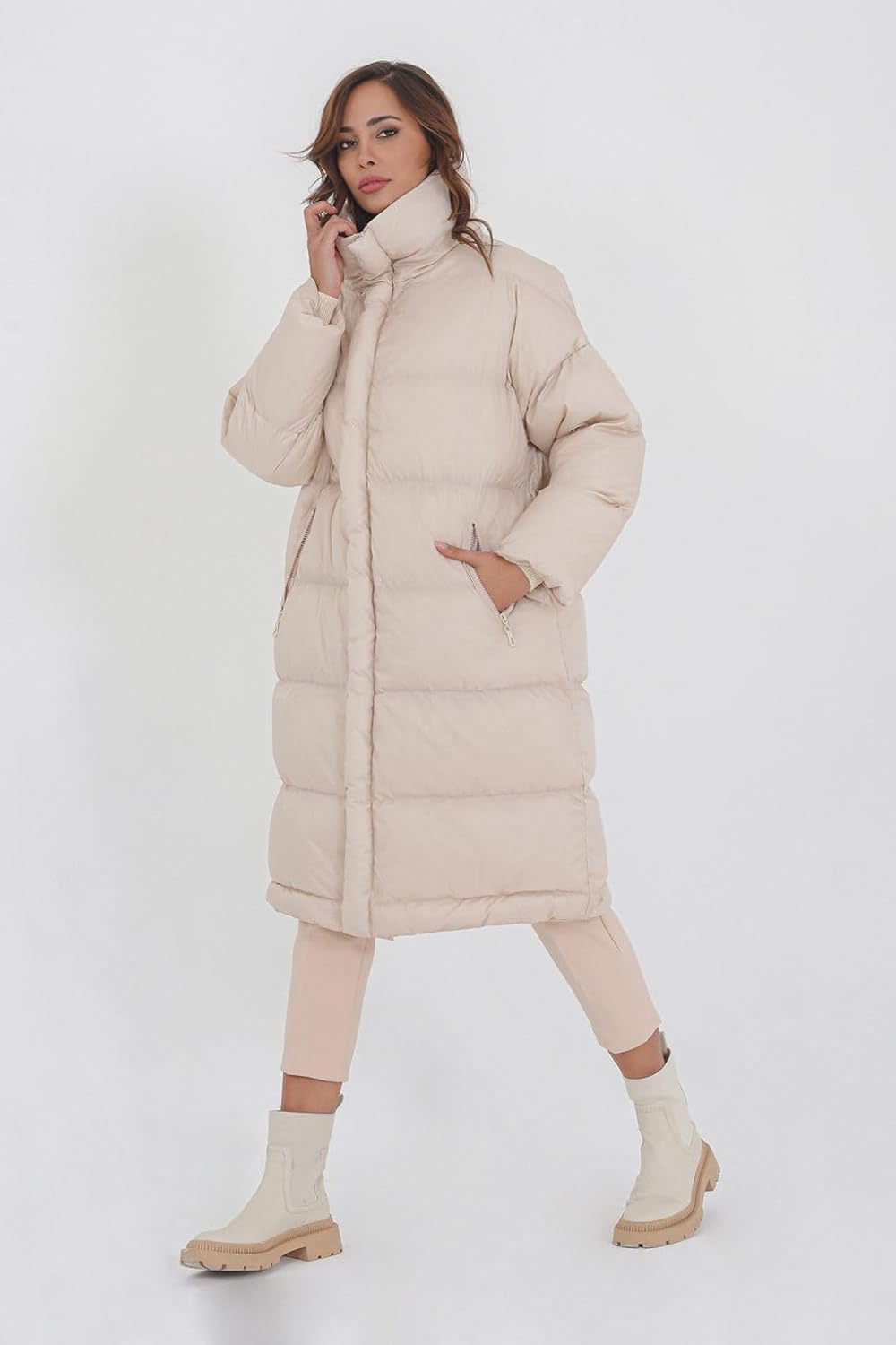 Fazortev Womens Long Puffer Jacket Stand Collar Zip Baggy Down Coats with Side Pockets Outwear · v9