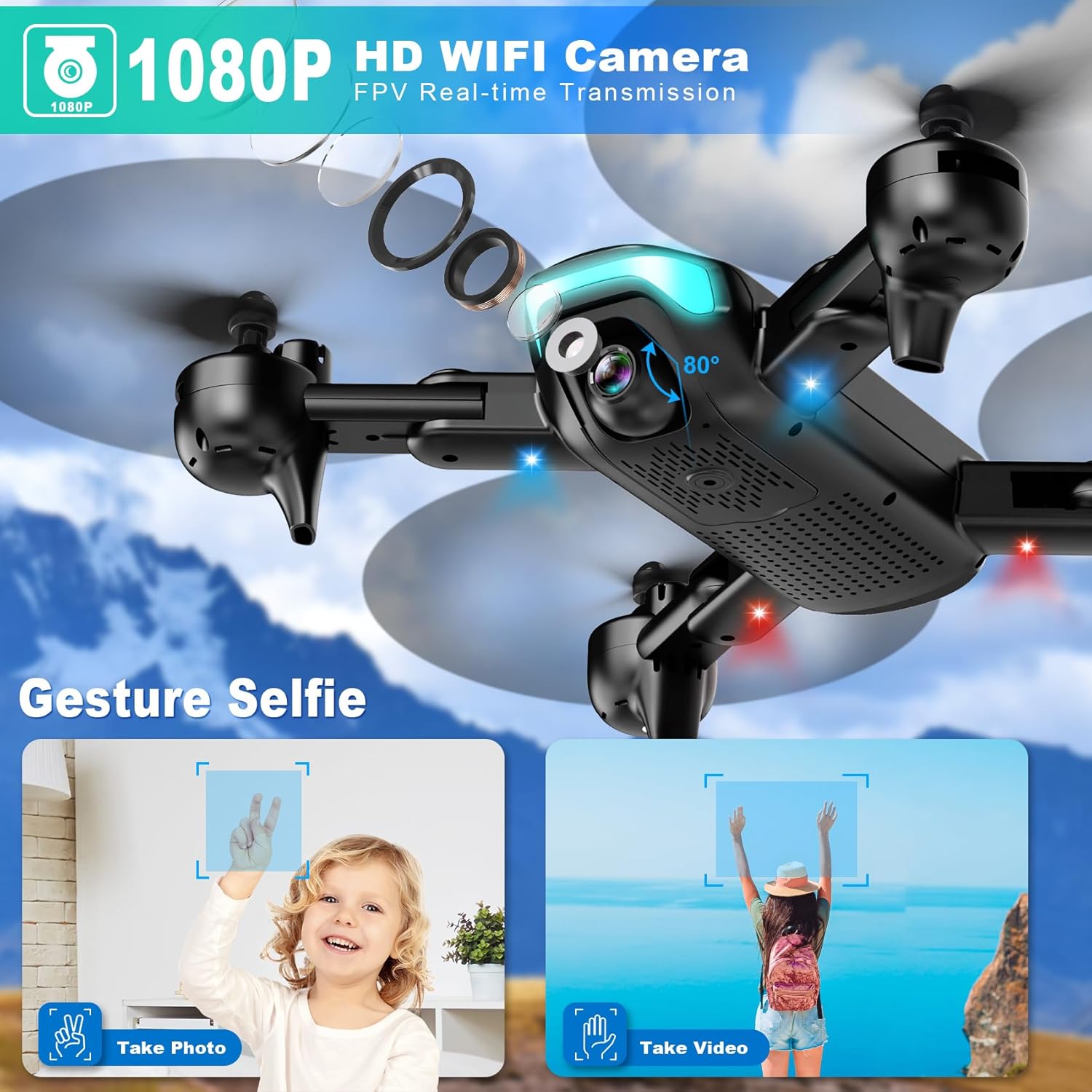 REDRIE Drone พร้อมกล้อง - โดรนพับได้สำหรับเด็ก ผู้ใหญ่ พร้อมกล้อง FPV 1080P อัปเกรดการรักษาระดับความสูง เซลฟี่ด้วยท่าทาง บินตามจุดอ้างอิง โหมดไร้หัว 3D Flip สตาร์ทด้วยปุ่มเดียว โหมด 3 ความเร็ว บินเป็นวงกลม แบตเตอรี่ 2 ก้อน