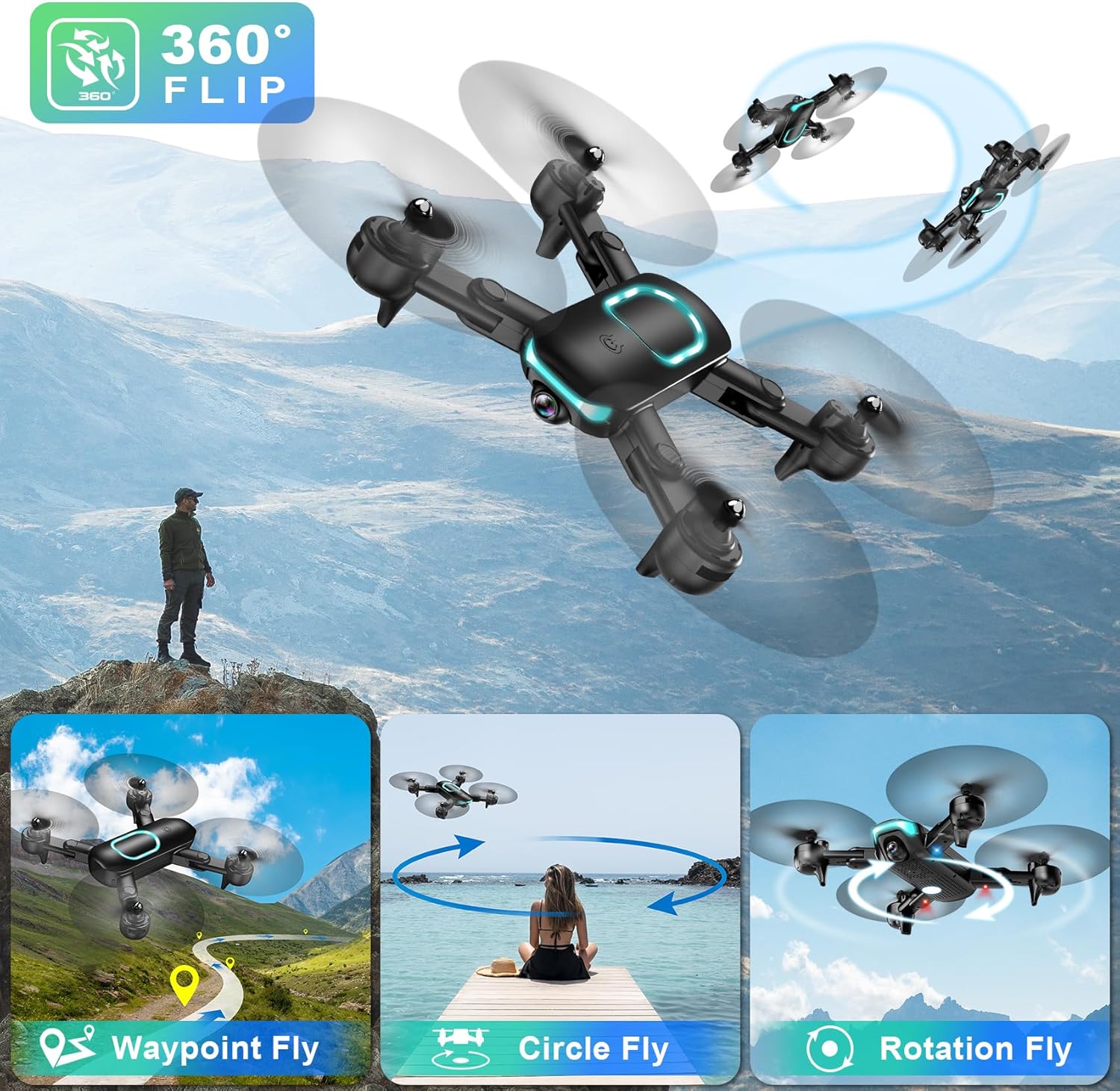 REDRIE Drone พร้อมกล้อง - โดรนพับได้สำหรับเด็ก ผู้ใหญ่ พร้อมกล้อง FPV 1080P อัปเกรดการรักษาระดับความสูง เซลฟี่ด้วยท่าทาง บินตามจุดอ้างอิง โหมดไร้หัว 3D Flip สตาร์ทด้วยปุ่มเดียว โหมด 3 ความเร็ว บินเป็นวงกลม แบตเตอรี่ 2 ก้อน