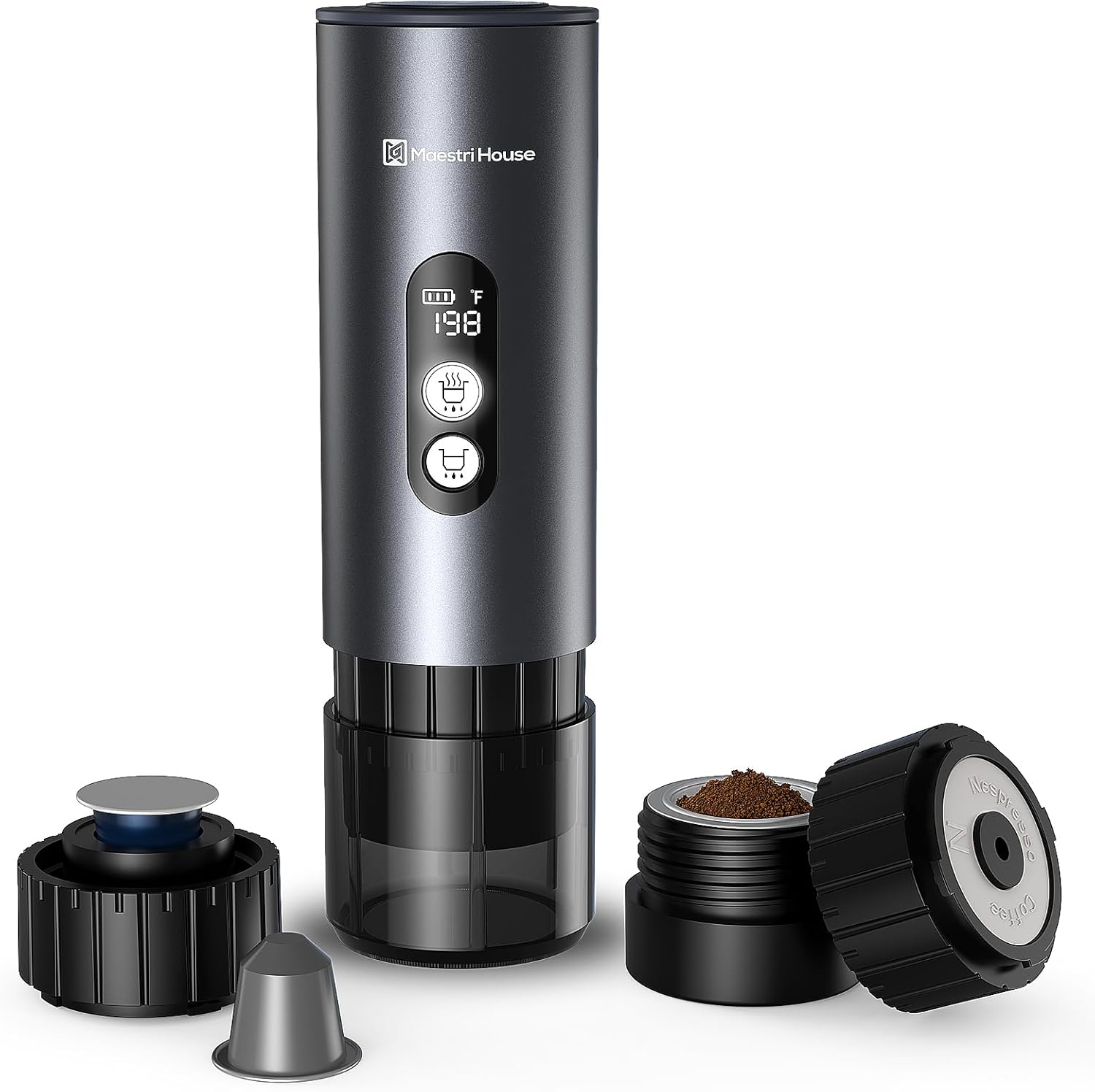 เครื่องชงกาแฟเอสเพรสโซ Maestri House 150W พร้อมระบบอุ่นอัตโนมัติที่รวดเร็วภายใน 2-3 นาที เครื่องชงกาแฟเอสเพรสโซแบบพกพาสำหรับการเดินทาง พร้อมถ้วยชาขนาดเล็กและที่วางแคปซูลกาแฟบดสำหรับ NS สำหรับรถยนต์ การตั้งแคมป์ รถบ้าน และการเดินป่า